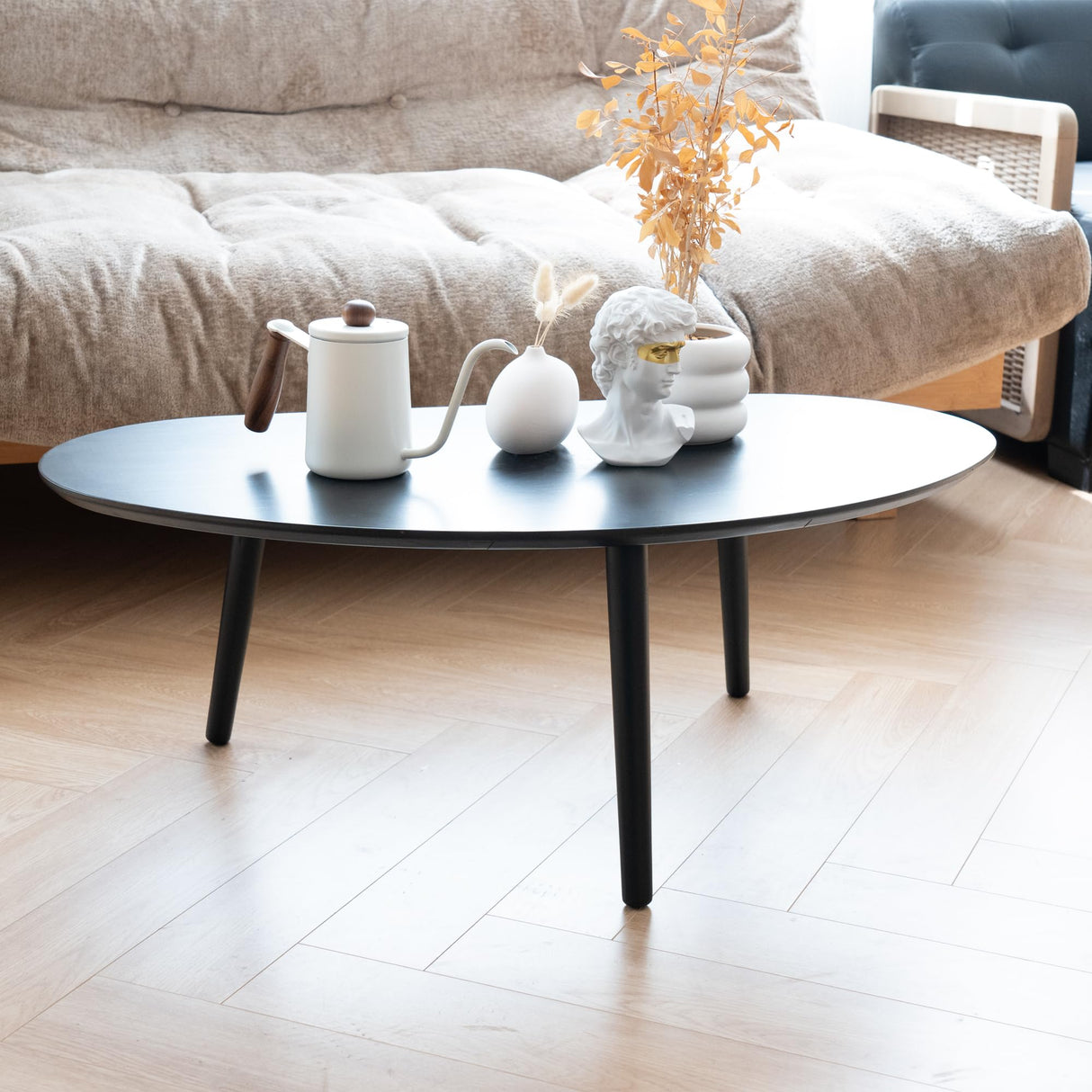 XINNAN Small Oval Coffee Table Mid Century Modern for Living Room, Center Table,Solid Wood Coffee Table,Nature Wood (Black, 18.9" D x 33.85" W 12.4" H) XINNAN