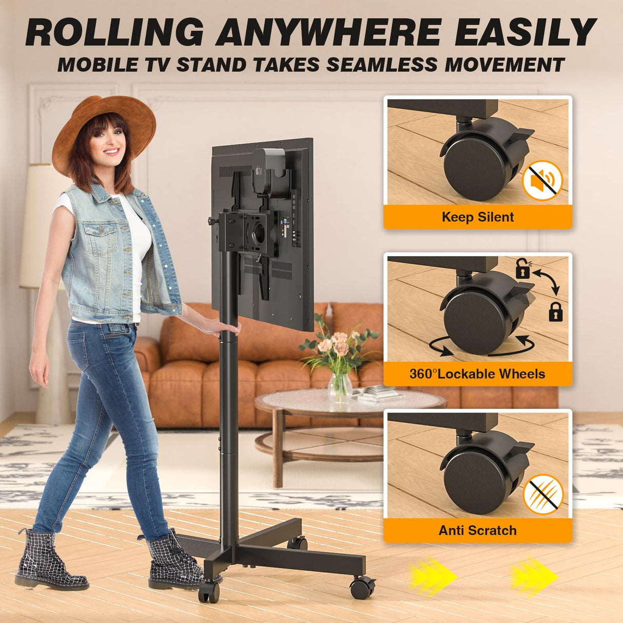 5Rcom Rolling TV Stand, Movable TV Stand with Apple TV/Roku Ultra Mount for 23-60 Inch TVs, Tilt/Height Adjustable Mobile TV Cart with Wheels Holds up to 88 lbs for Home Office, MAX VESA 400x400mm 5Rcom