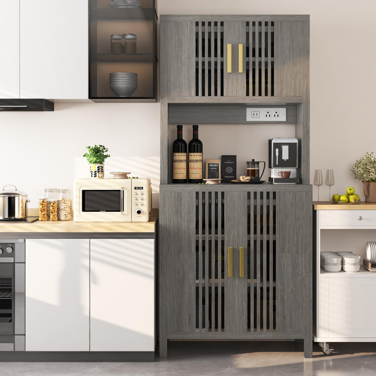 Pantry Kitchen Storage Cabinet, 71” Tall Pantry Cabinet with Rattan Door, Power Outlet, Large Freestanding Cupboard Wood Cabinet for Kitchen, Dining Room Generic