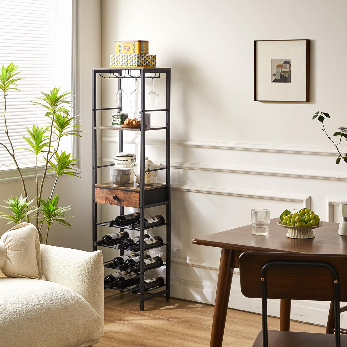 IBUYKE Wine Rack Freestanding Floor, Bar Cabinet for Liquor and Glasses,4-Tier Wood Coffee Bar Cabinet,Glass Holder and Storage Drawer for Home Bar Kitchen Living Room,Rustic Brown UTMJ905H IBUYKE