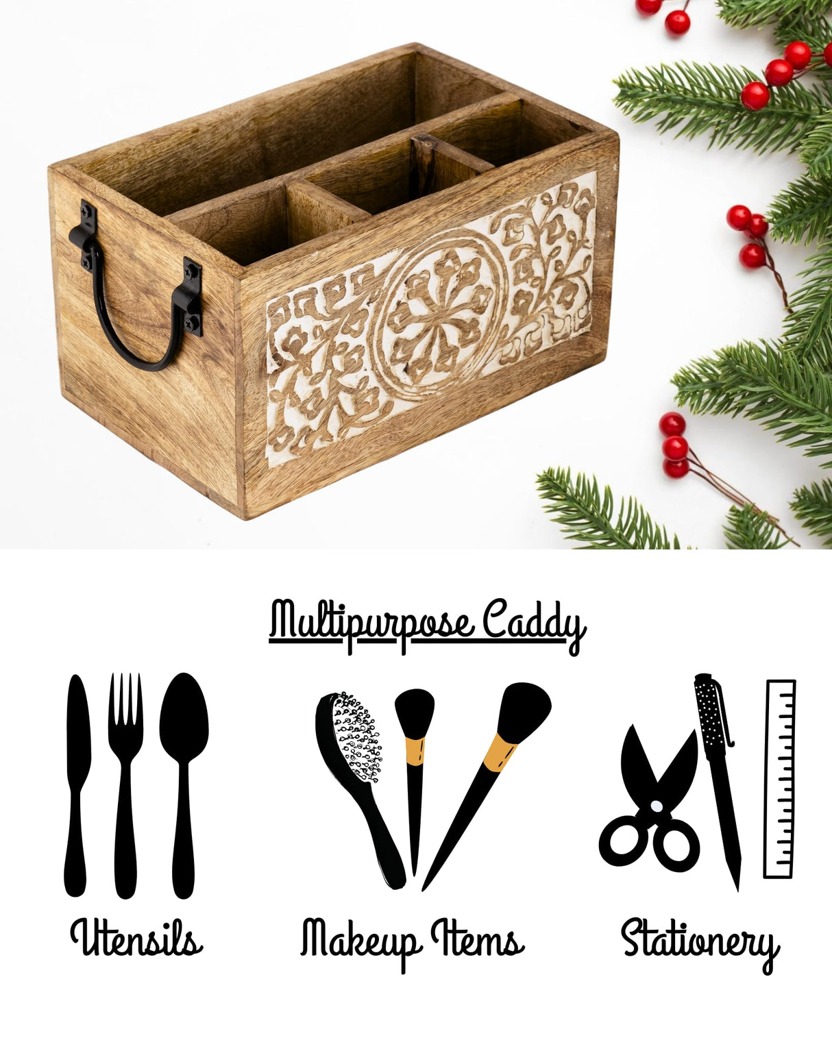 Mie Creations 4 Compartment Wooden Silverware Caddy Utensil Holder, Farmhouse Cutlery Flatware Organizer, Decorative Wood Caddy with Metal Handles for Kitchen Countertop, Picnic, Buffet Party- White Mie Creations