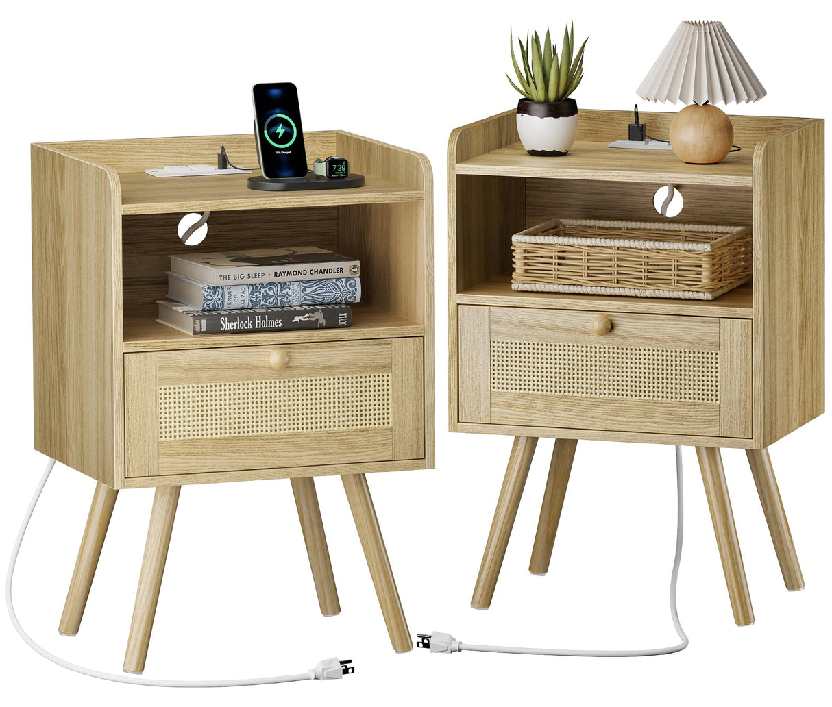 SUPERJARE Nightstands Set of 2, Night stands with Charging Station & PE Rattan Decor Drawer, Bed Side Tables with Solid Wood Feet, End Table, for Bedroom, Living Room - Natural SUPERJARE