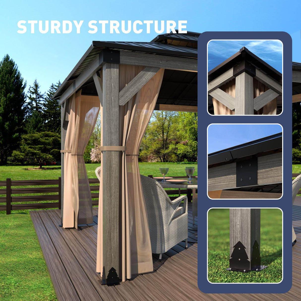 SUNBURY 10'x12' Outdoor Cedar Wood Gazebo, 2-Tier Metal Hardtop Wooden Frame Gazebo for Patio with Privacy Curtains and Mosquito Nettings for Gardens, Lawns, Backyard, Poolside (Grey Frame) SUNBURY