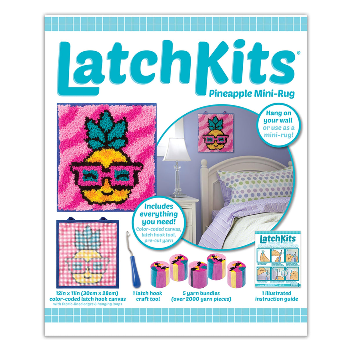 LatchKits PlayMonster for Wall Hangings & Mini-Rugs - Pineapple - Craft Kit with Easy, Color-Coded Canvas, Pre-Cut Yarn & Latch Hook Tool - Perfect DIY Craft for Kids - Ages 6 and Up, Small, Multi LatchKits