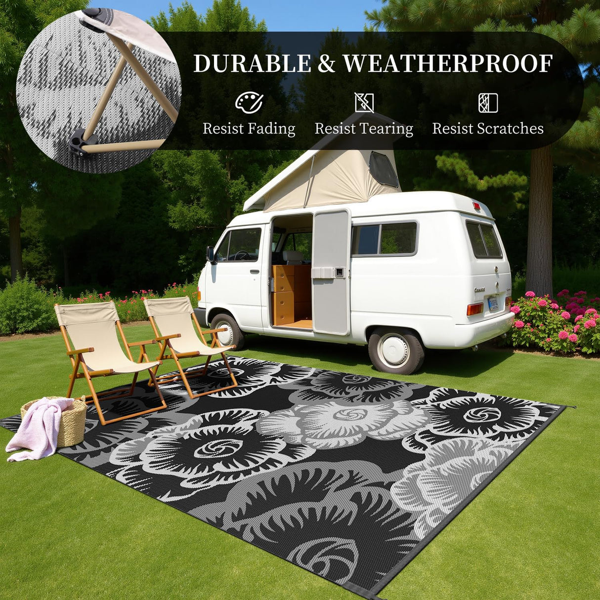 MontVoo Outdoor Rug-Waterproof Patio Rug Mat 5x8 ft Outdoor Carpet Mat Reversible Plastic Straw Outside Outdoor Rug for RV Camping Picnic Beach Balcony Backyard Pool Deck Porch Farmhouse Floral Black MontVoo