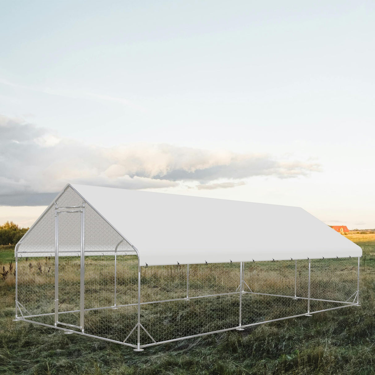 Outdoor Metal Chicken Coop,Metal Chicken Coop with Run,Walk-in Poultry Cage Spire-Shaped Chicken Run with Waterproof and Anti-Ultraviolet Cover for Outside,Backyard and Farm,19.6'x9.8'x6.4' HOOYEAH