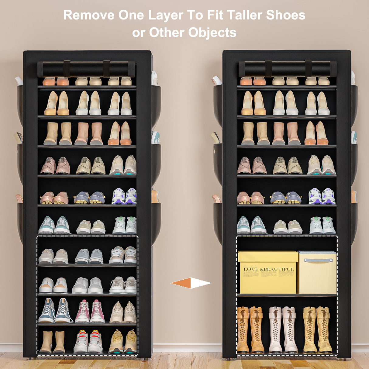 OYREL Large Shoe Rack, Black, 6 Side Pockets, 23.6" Wide x 11.4" Deep x 68.9" Tall, 36-41 Pairs of Shoes OYREL