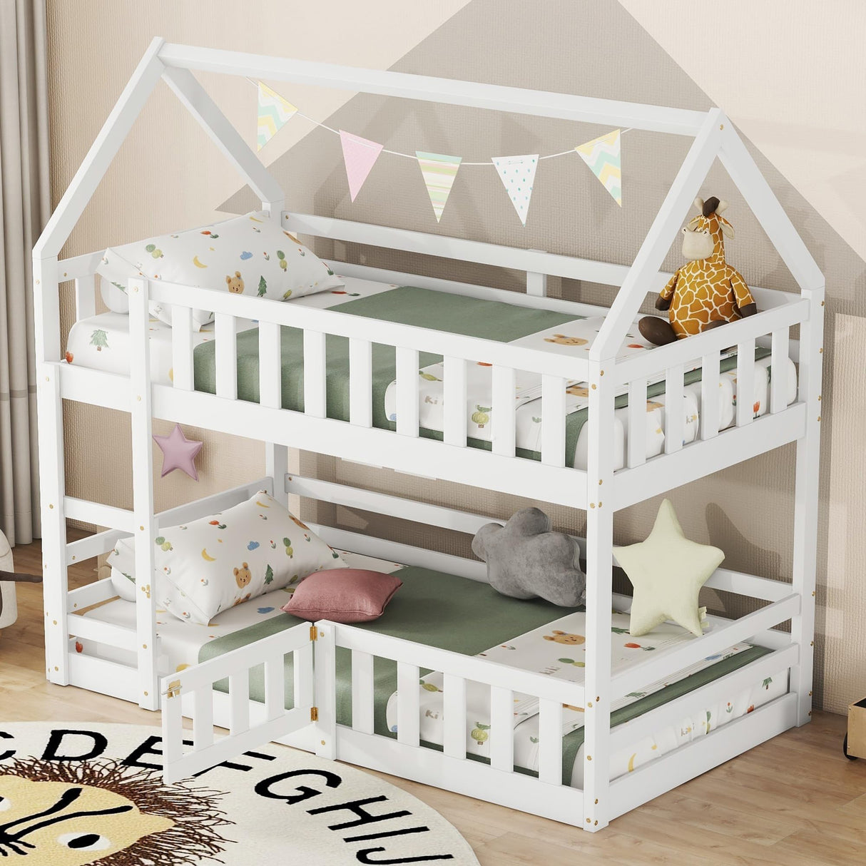 SOFTSEA Solid Wood Twin Over Twin House Bunk Bed with Guardrails and Playful Design SOFTSEA