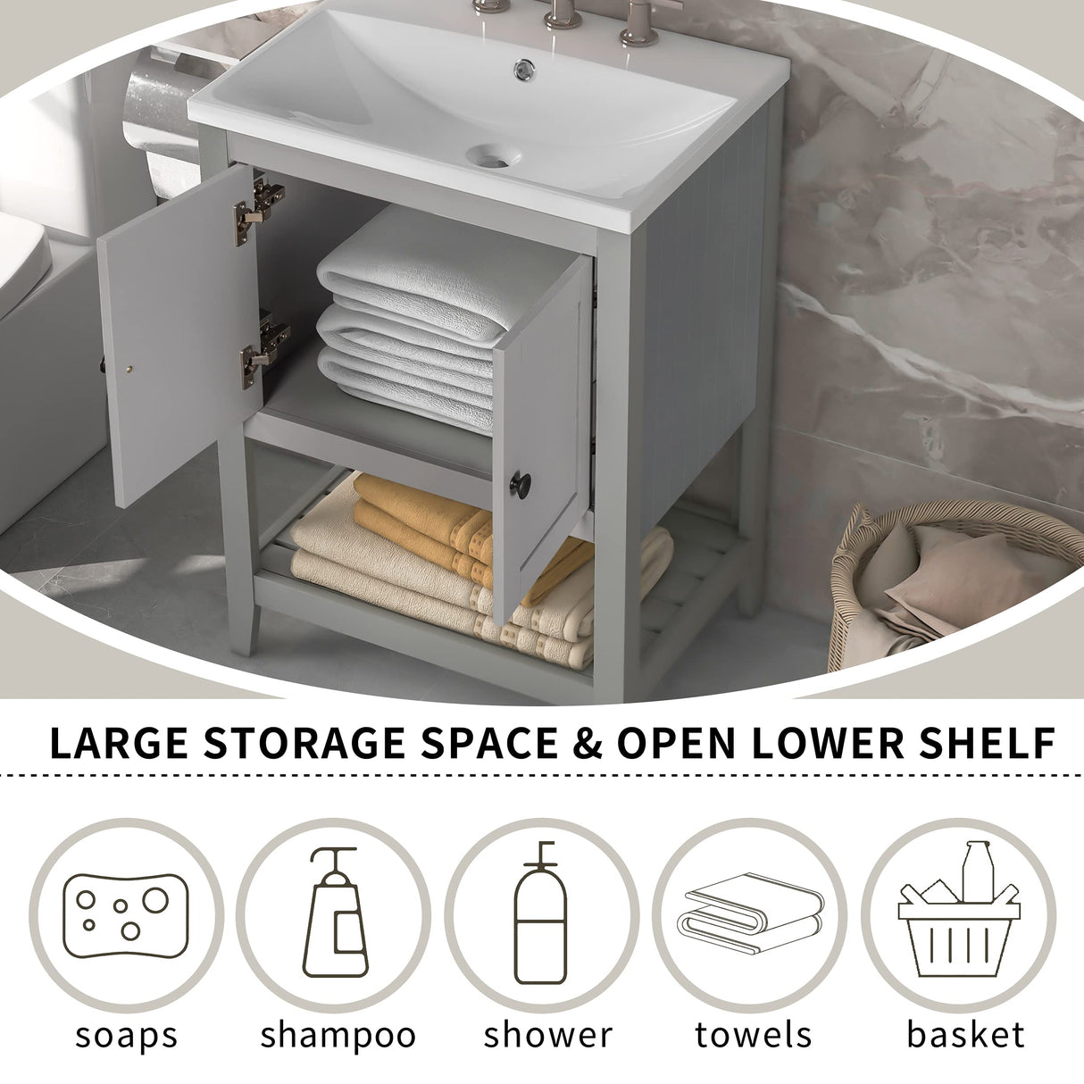 P PURLOVE 24 Inch Bathroom Vanity with Sink,Single Bathroom Vanities Cabinet with Doors and Open Shelf,Solid Wood Small Vanity with Sink,Gray P PURLOVE