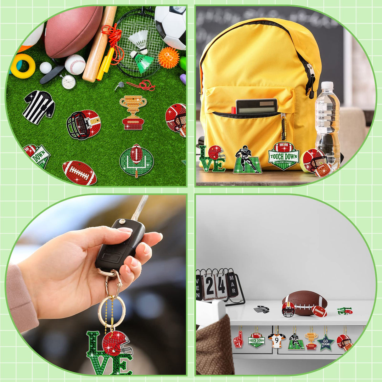 Yinkin 15 Pcs Football Diamond Art Keychains 5d Diamond Painting Keychain Football Party Decoration DIY Ornaments Pendant Kits for Adult Yinkin