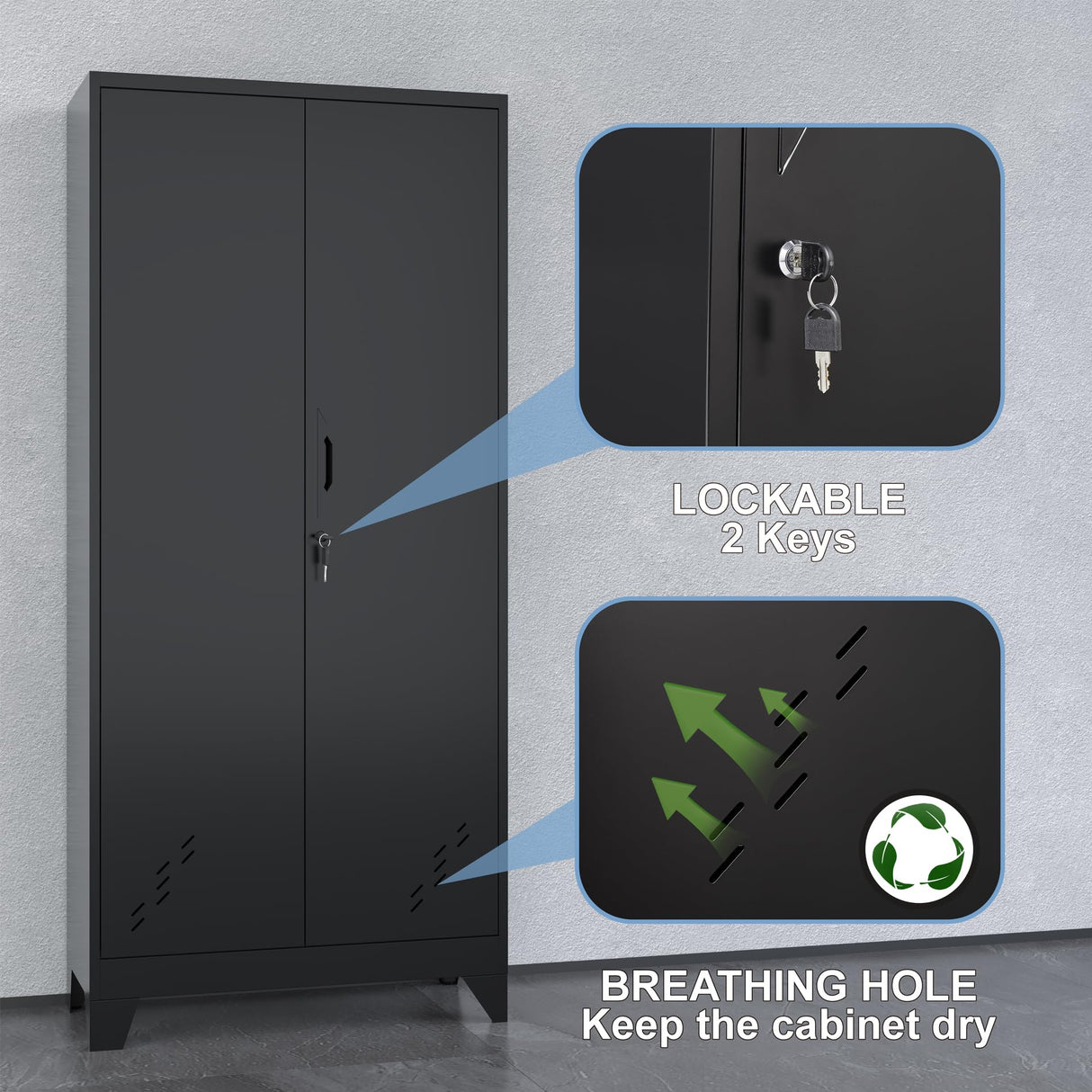 OSEILLC Metal Storage Cabinet with Locking Doors, 61" Tall Garage with Hanging Rod, Broom Closet, Freestanding Bathroom Storage Cabinet, Cleaning Tool,Black OSEILLC