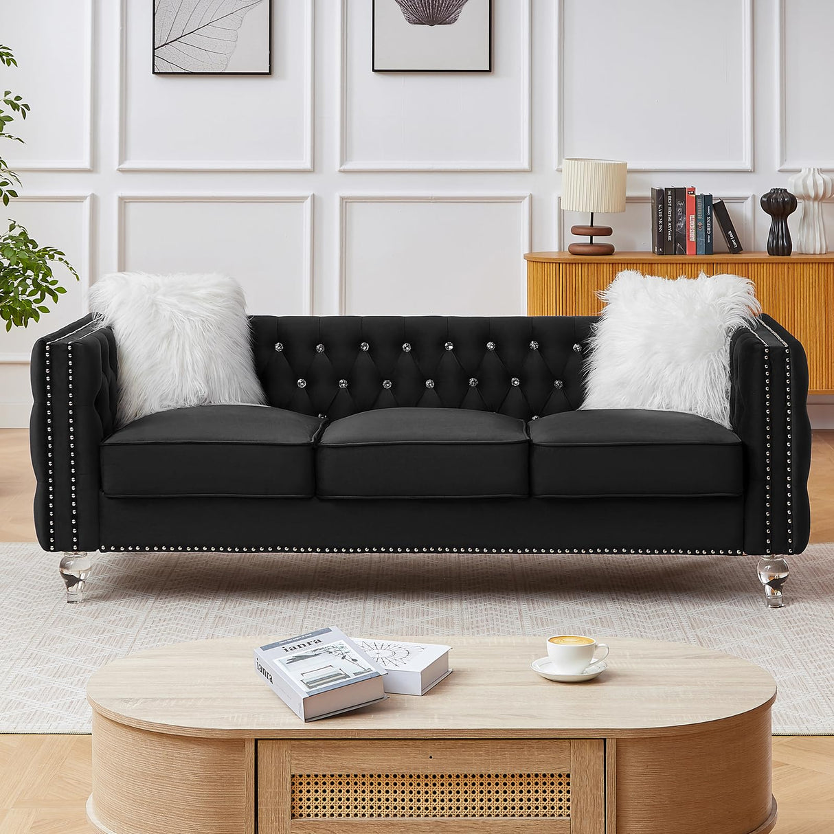 Homies Life 83" Chesterfield Sofa, Velvet Mid-Century Modern Upholstered Couch with 2 Throw Pillows and Acrylic Legs, Nailhead Button Tufted Vintage Sofa for Living Room, Apartment, Office, Black Homies Life