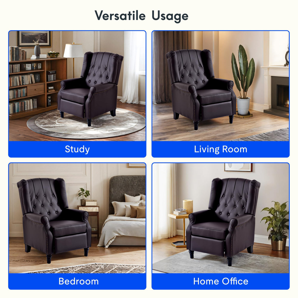 FLEXISPOT XC5 Pushback Recliner Chair for Adults, Mid Century Wingback Accent Chair with Rivet Decoration, Tufted Upholstered Single Sofa Armchair for Living Room, Bedroom, Study (Fabric, White) FLEXISPOT