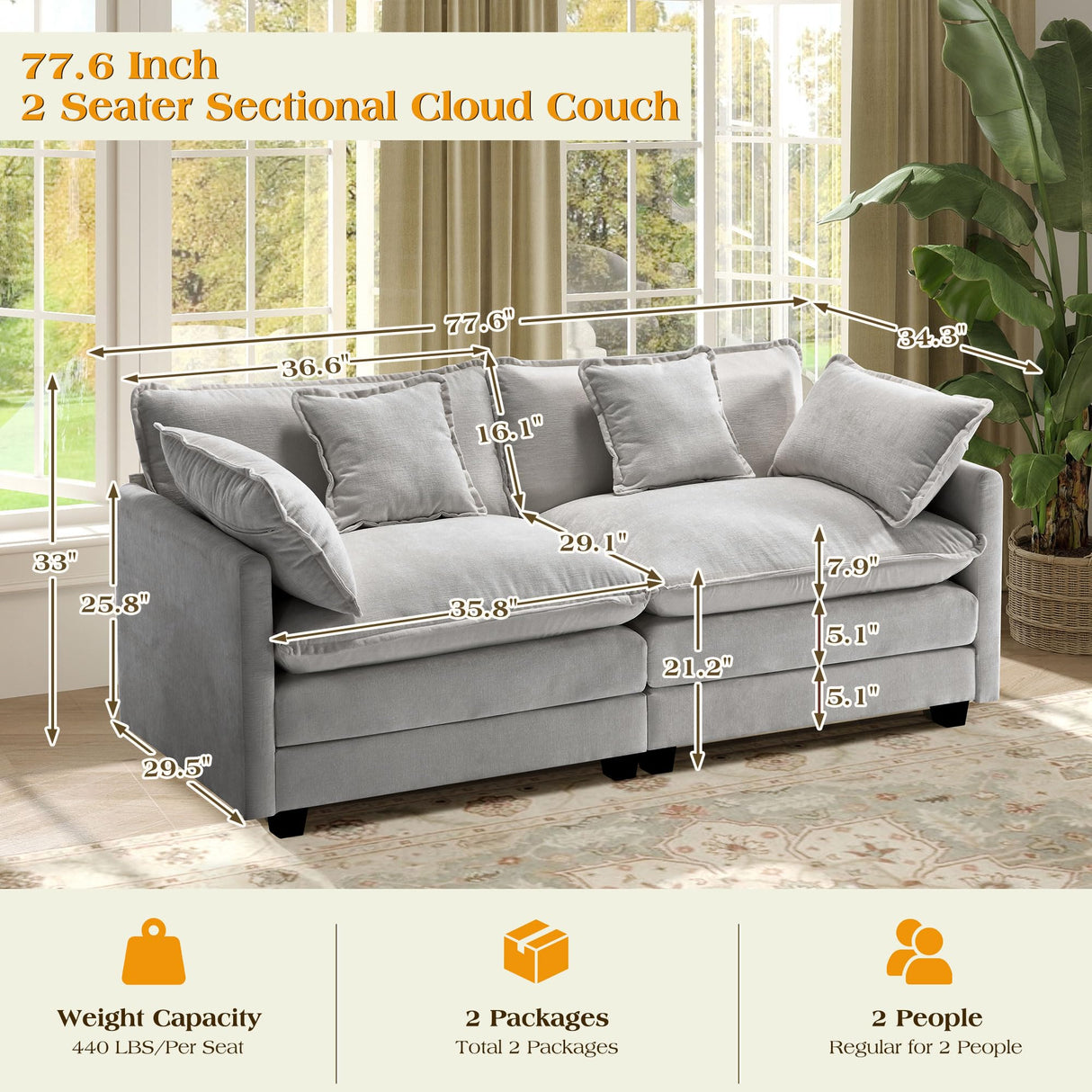 77.6" Modular Sectional Sofa,Loveseat Couch for Living Room, Modern Deep Seat Sofa 2 Seater Chenille Fabric Comfy Cloud Couches with Throw Pillows for Apartment,Small Spaces Hanherry