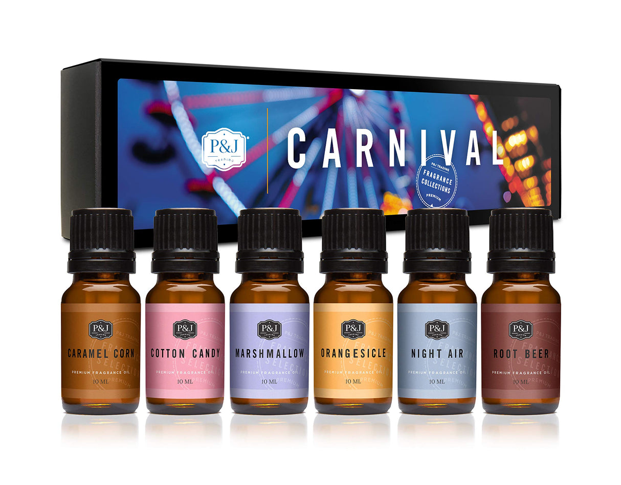 P&J Trading Fragrance Oil Carnival Set | Cotton Candy, Night Air, Marshmallow, Orangesicle, Root Beer, and Caramel Corn Candle Scents for Candle Making, Freshie Scents, Soap Making Supplies P&J Trading