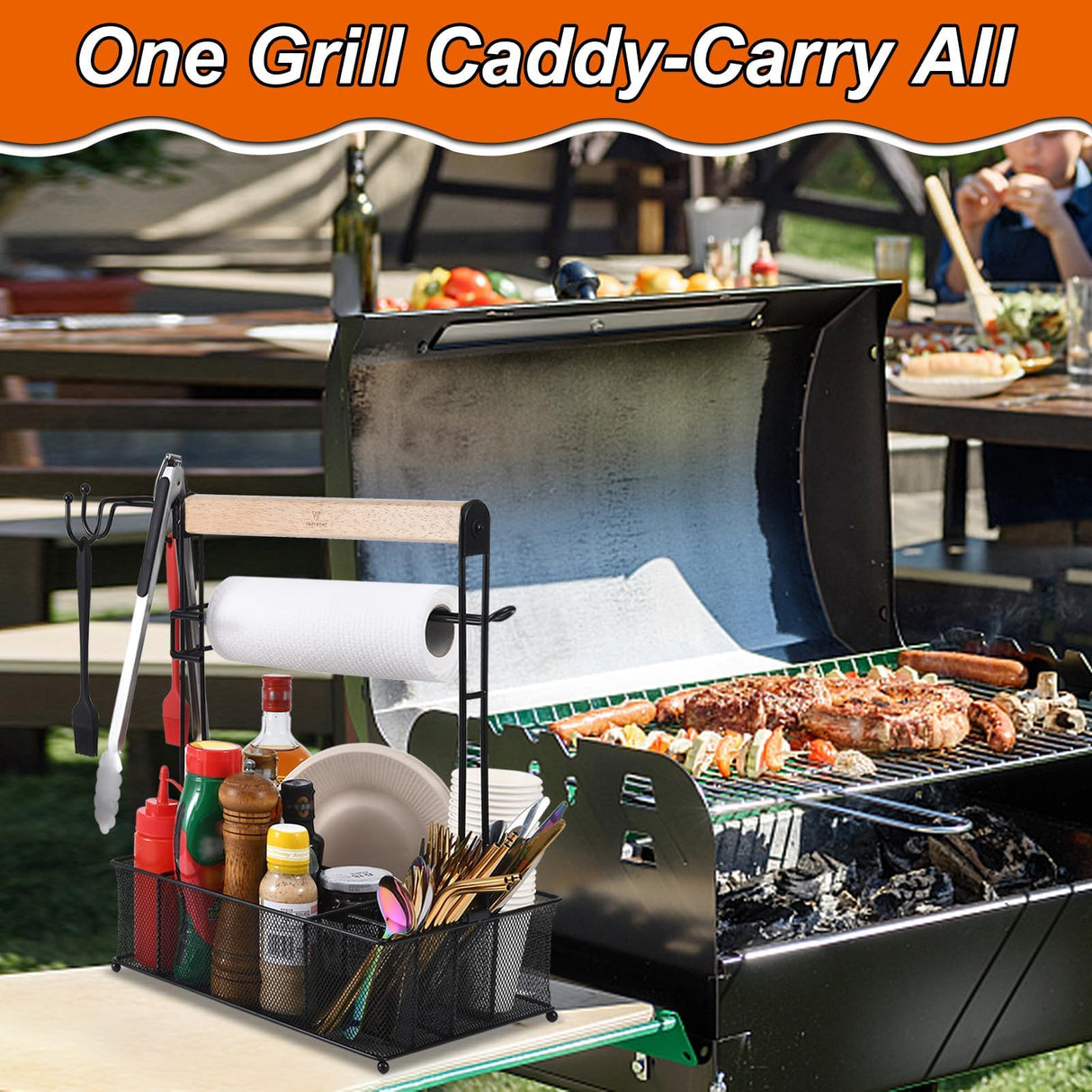 VIKEYHOME Grill Caddy, Picnic BBQ Organizer for Camping Outdoor Mesh Basket with 3 Hanging Hooks and Paper Towel Holder, Ideal Table Storage Tools for RV Camper/Tailgating/Flatware VIKEYHOME