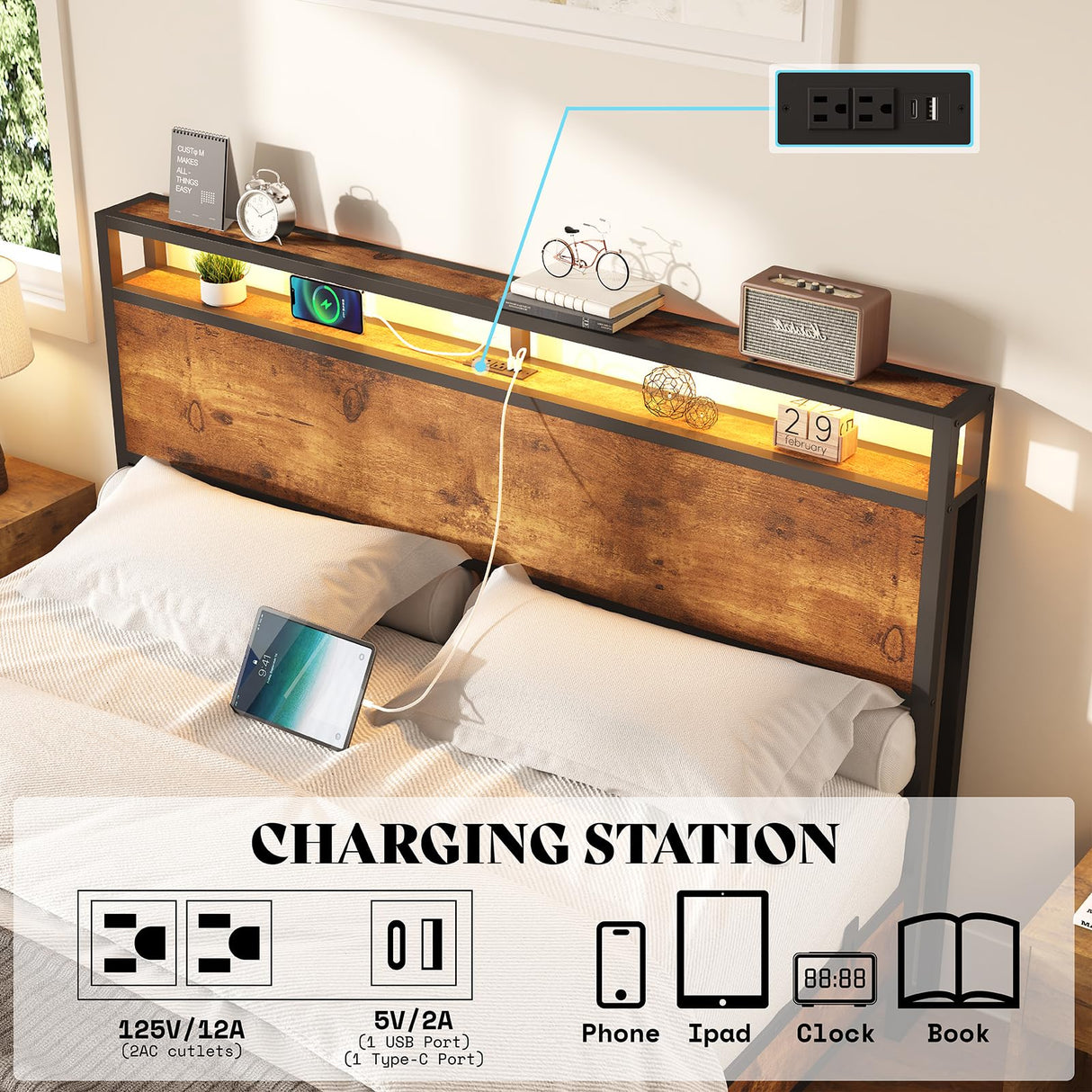 AMERLIFE Full Size Floating Bed Frame with LED Storage Headboard & Charging Station in Rustic Brown AMERLIFE