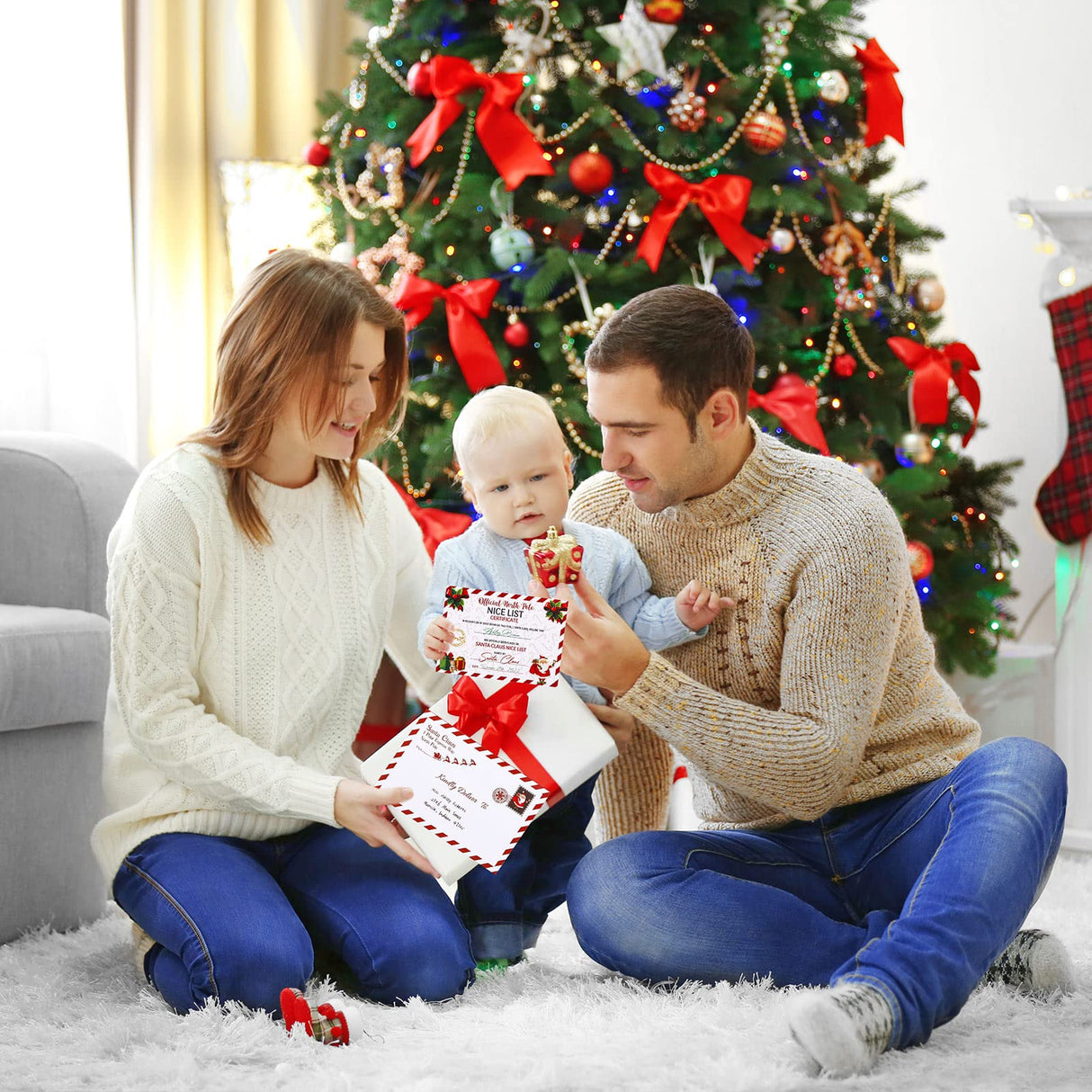 AnyDesign 15 Sets Christmas Official Letters Certificate from Santa Claus Include 15Pcs Red White Stripes Writing Letter 15Pcs Nice List Certificate 15 Envelopes and 30 Stickers for Family Party Favor AnyDesign