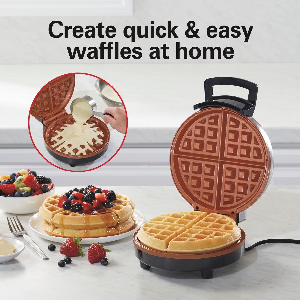 Hamilton Beach Belgian Waffle Maker with PFAS-Free Non-Stick Ceramic-Coated Plates, Browning Control, Indicator Lights, Stainless Steel (26081) Hamilton Beach