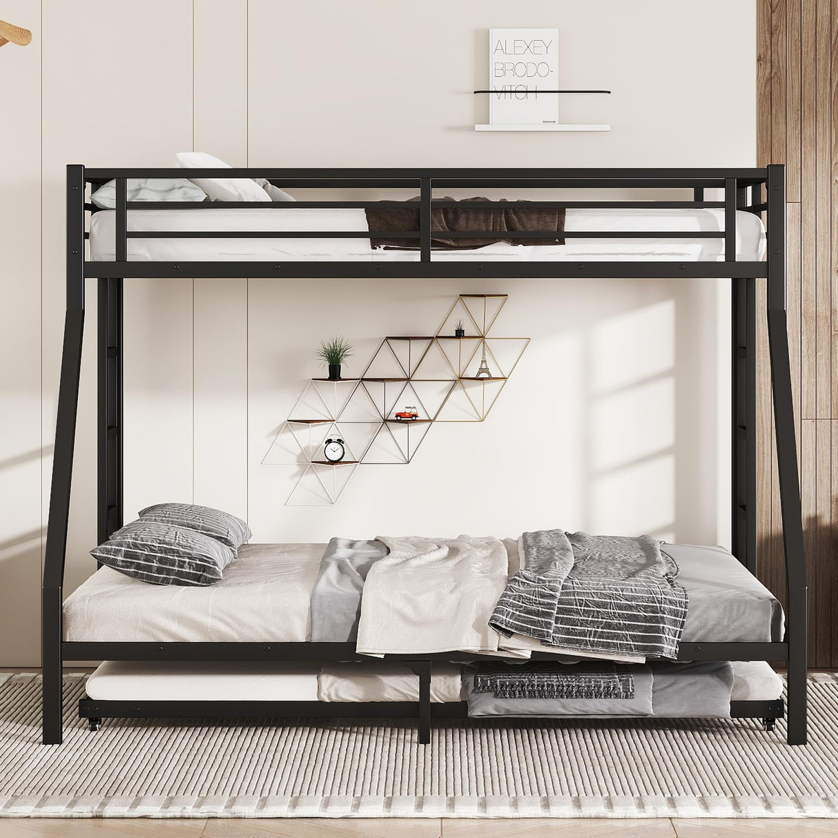 KEIKI Metal Bunk Bed with Trundle, Twin XL Over Queen Bunk Trundle and Guardrail and Ladder for Kids/Teenagers, Adults, No Box Spring Needed, Black KEIKI