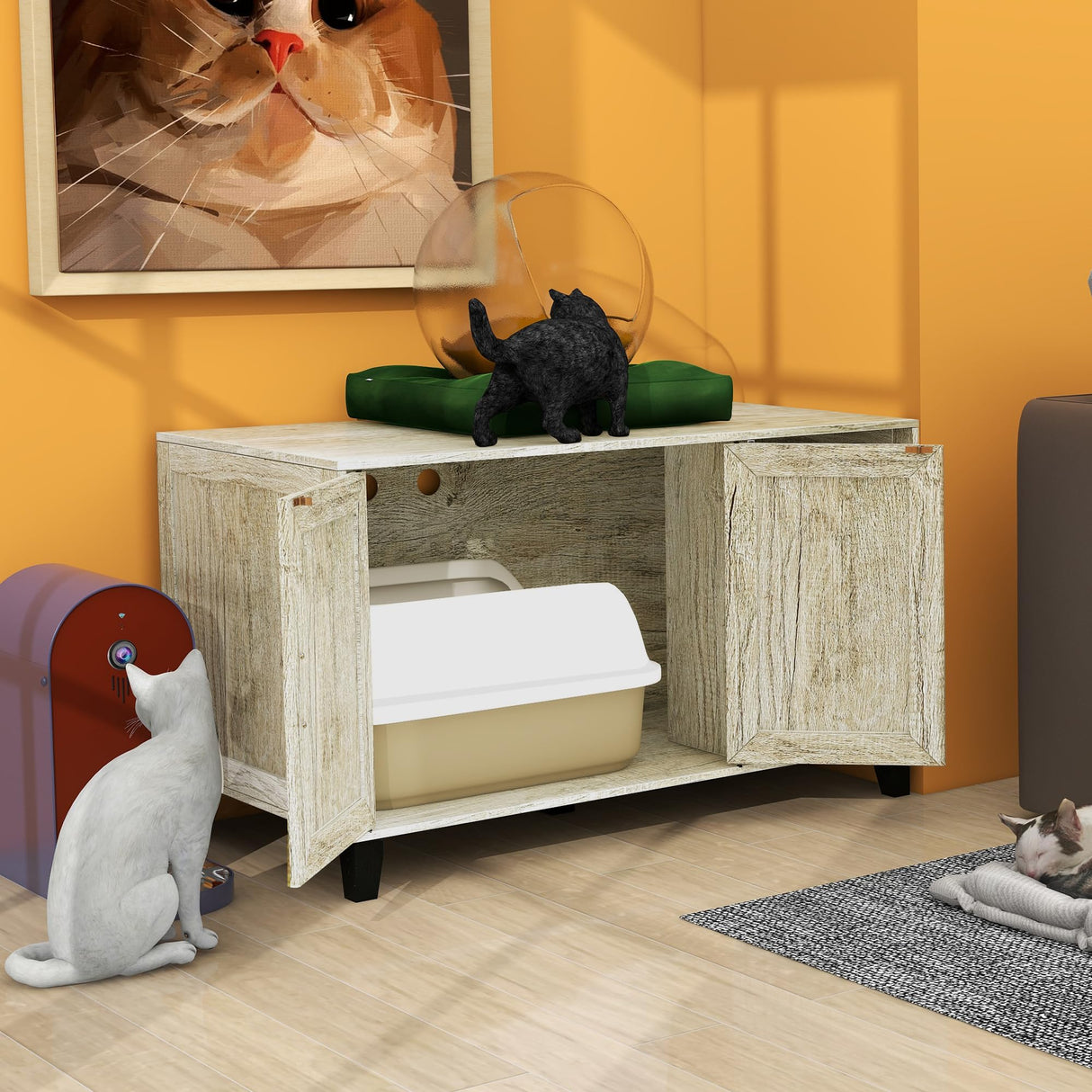 TaoHFE Hidden Cat Litter Box Enclosure Furniture with Cats Scratch Pad Farmhouse Enclosed Cat Litter Boxes Cabinet Furniture with Doors Wooden Indoor Cats Box House,Oak TaoHFE
