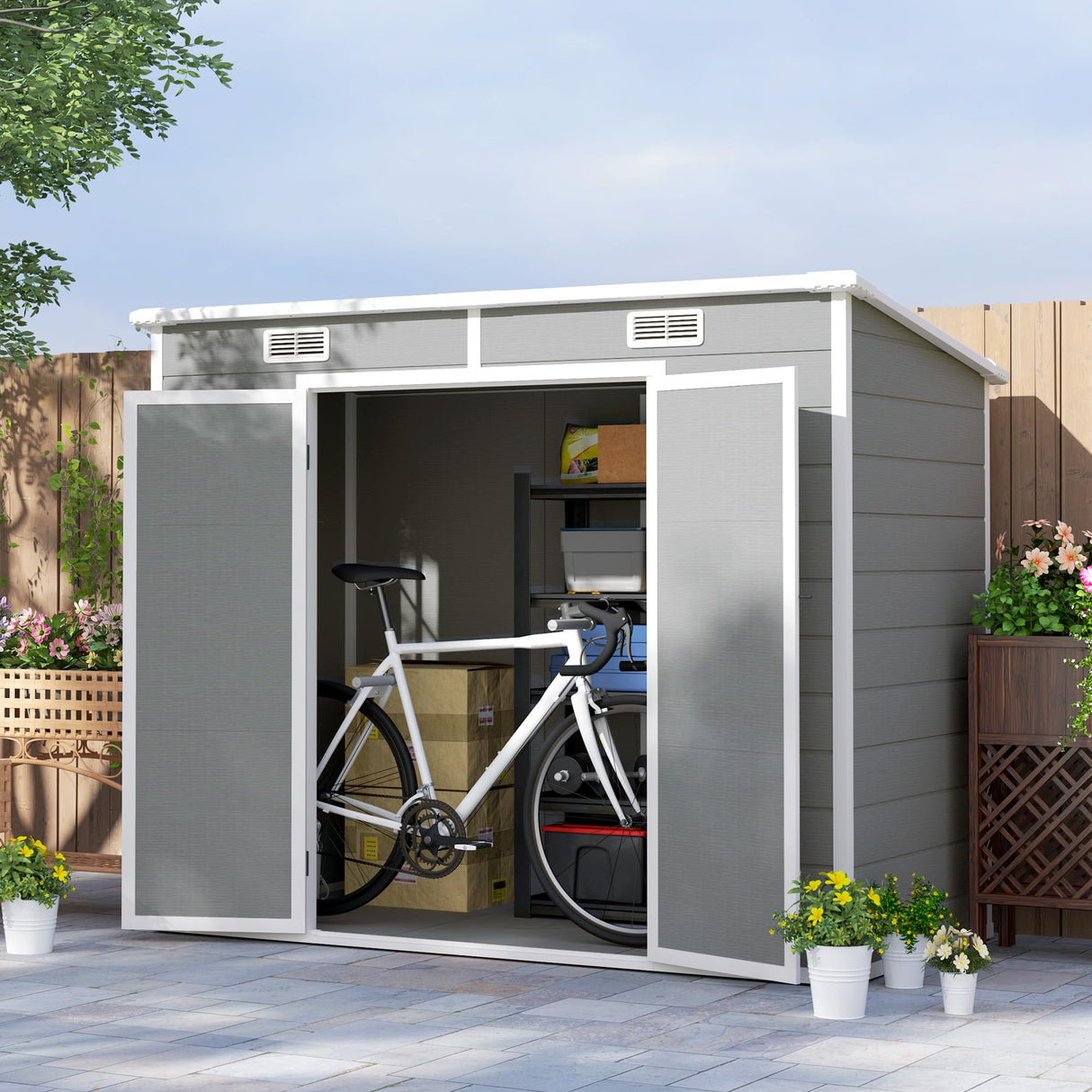 Outsunny 8' x 4' Outdoor Storage Shed, Resin Plastic Shed with Floor, Window, Lockable Doors and Vents, All-Weather Tool Shed for Backyard, Patio, Lawn, Gray Outsunny