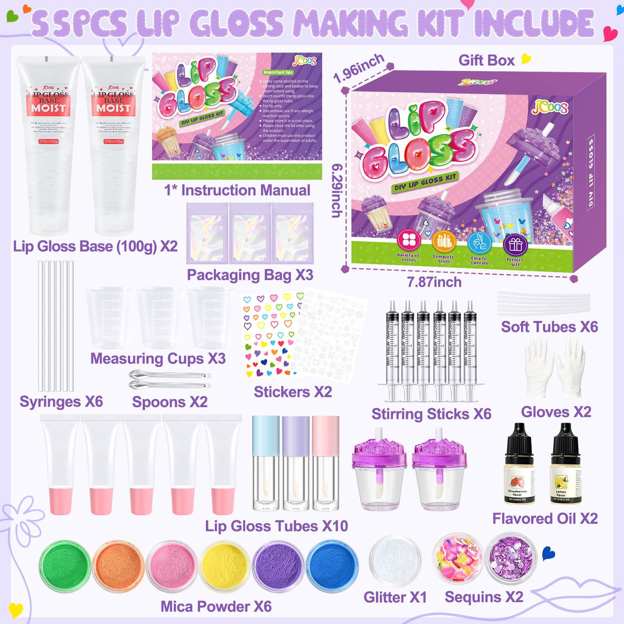Jcoos DIY Lip Gloss Making Kit, 55PCS Lip Gloss Kit to Make Your Own Lip Gloss, Miost lipgloss base, Lip Gloss Tubes, Lipgloss Sets for Girls, Kids, Beginner Tweens Girls Trendy Stuff Gift for Her Jcoos