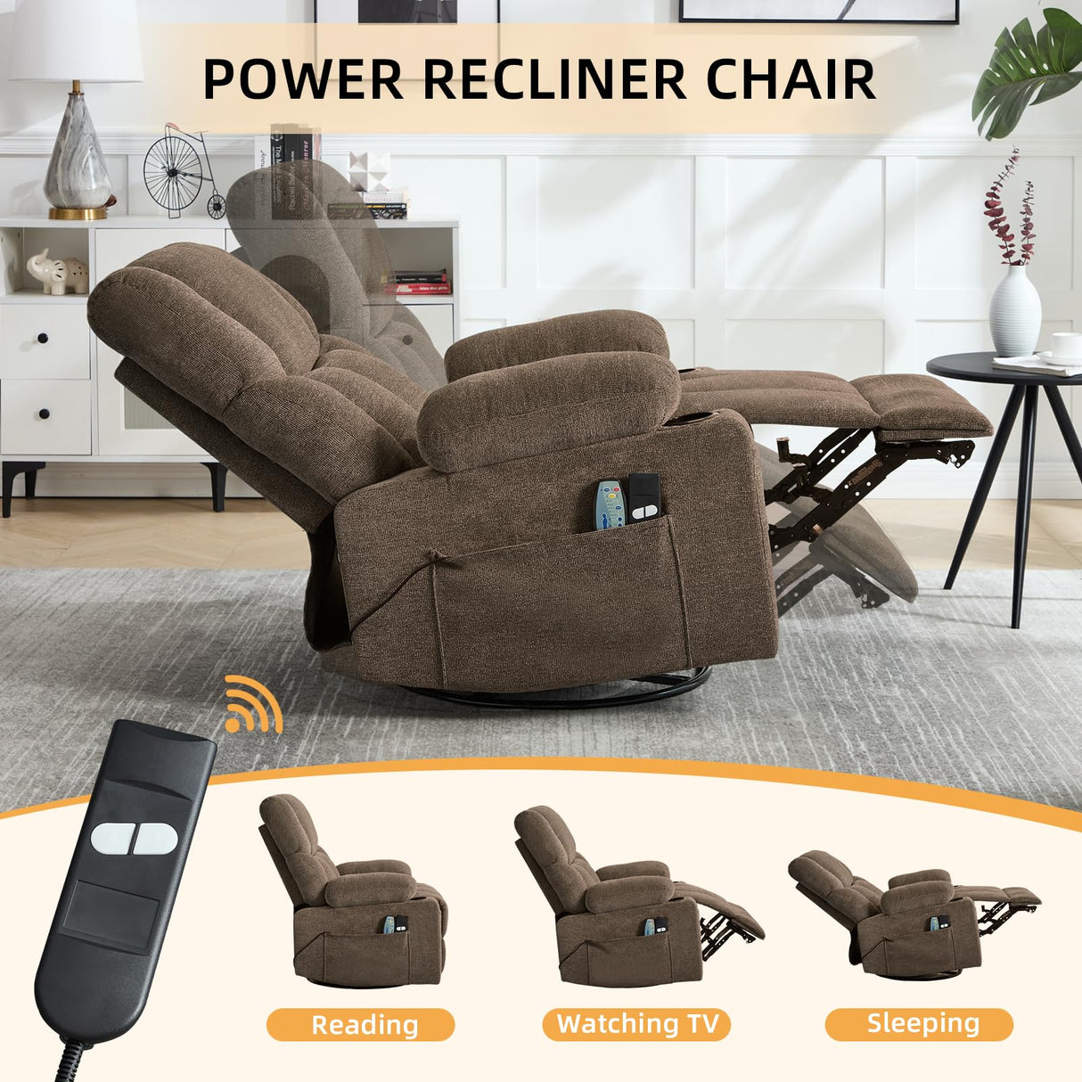 IOMOR Power Recliner Chair with Massage and Heating, 360° Swivel Rocker Glider Chair for Adults, Upholstered Fabric Reclining with Side Pockets and Cup Holder for Living Room, Nursery (1, Brown) IOMOR