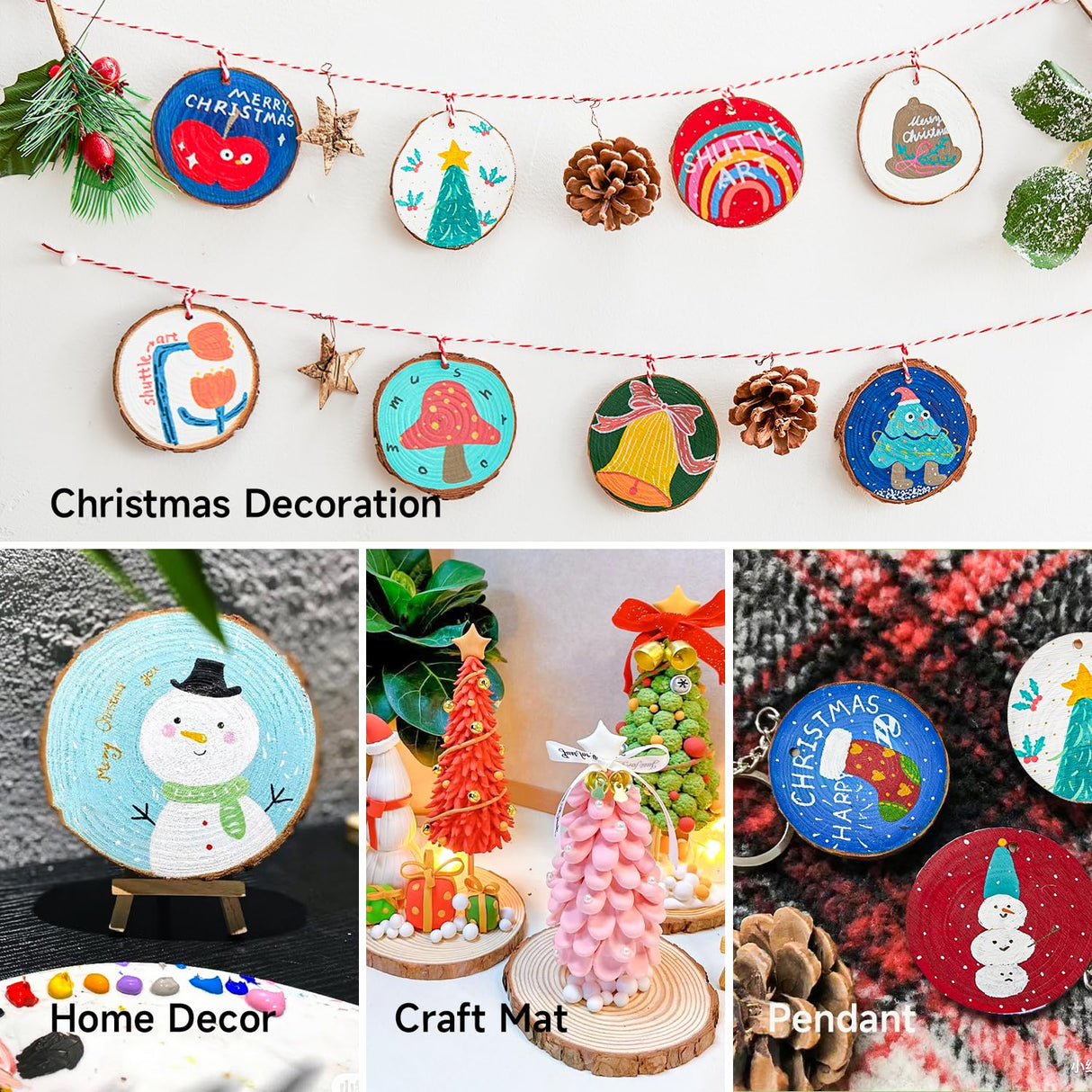 Shuttle Art Natural Wood Slices 70 PCS 2.8-3.1 Inches Craft Wood Ornament Kit, Unfinished Predrilled Wooden Circles with Hole, Jute Twine, Acrylic Paint, Markers for DIY Decoration Shuttle Art