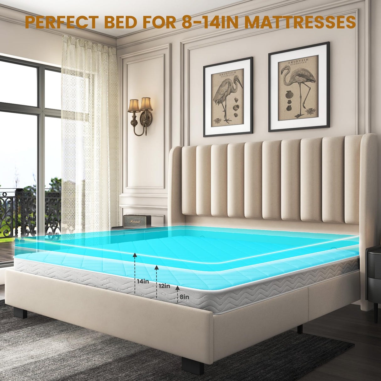 King Size Upholstered Lift Up Storage Bed Frame with 51.2" Tall Headboard, Velvet Wingback Tufted Design, Wood Slats Support, No Box Spring Required, Noise-Free Double Low Bed Frame (King,Beige) knoworld