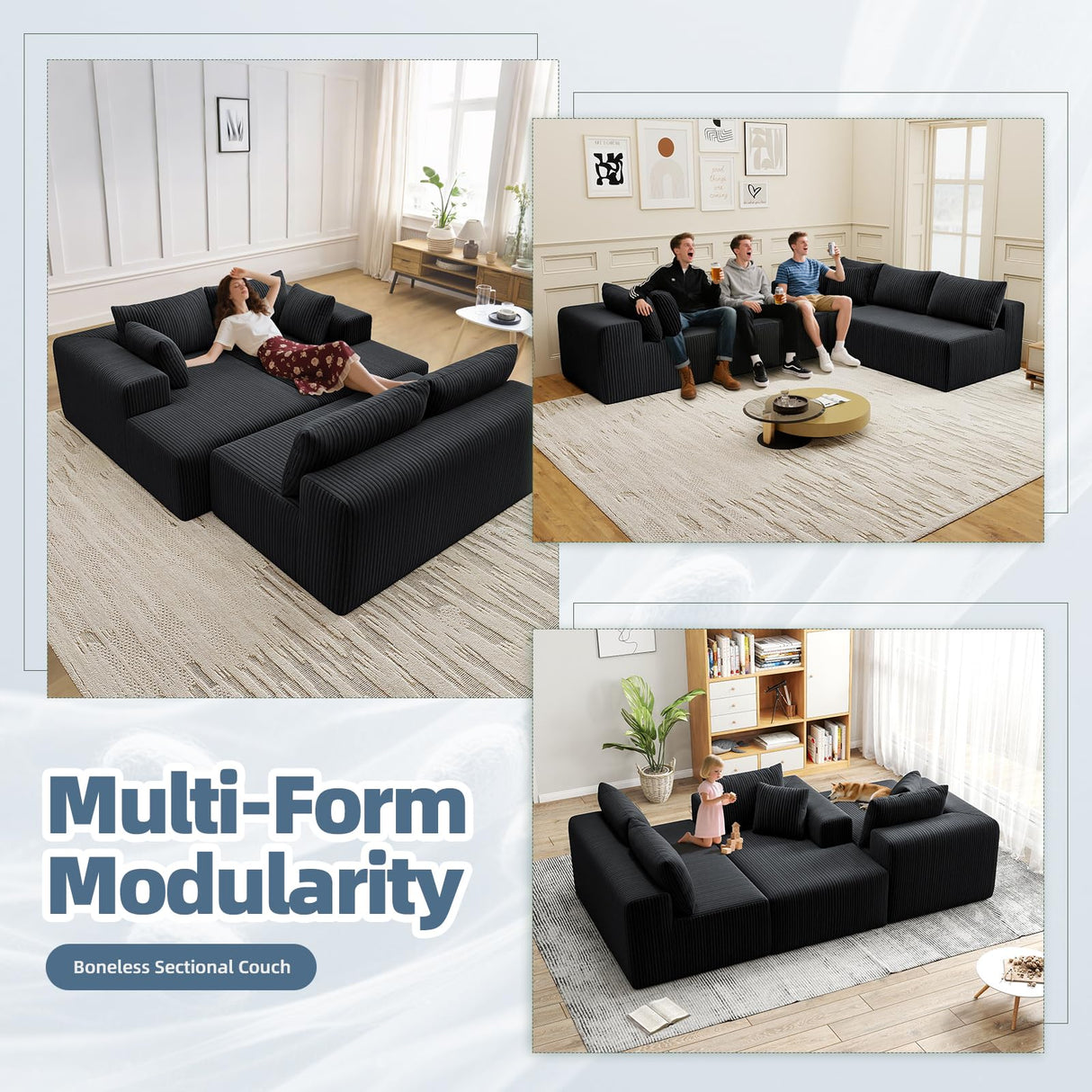 Mvpipi Cloud Couch U-Shaped Sectional Sofa, 134'' Modular Boneless Couches for Living Room, Corduroy Deep Seat Sofa with 2 Chaise Lounges and 1 Loveseat, 30D High-Resilience Foam, No Assembly, Black Mvpipi