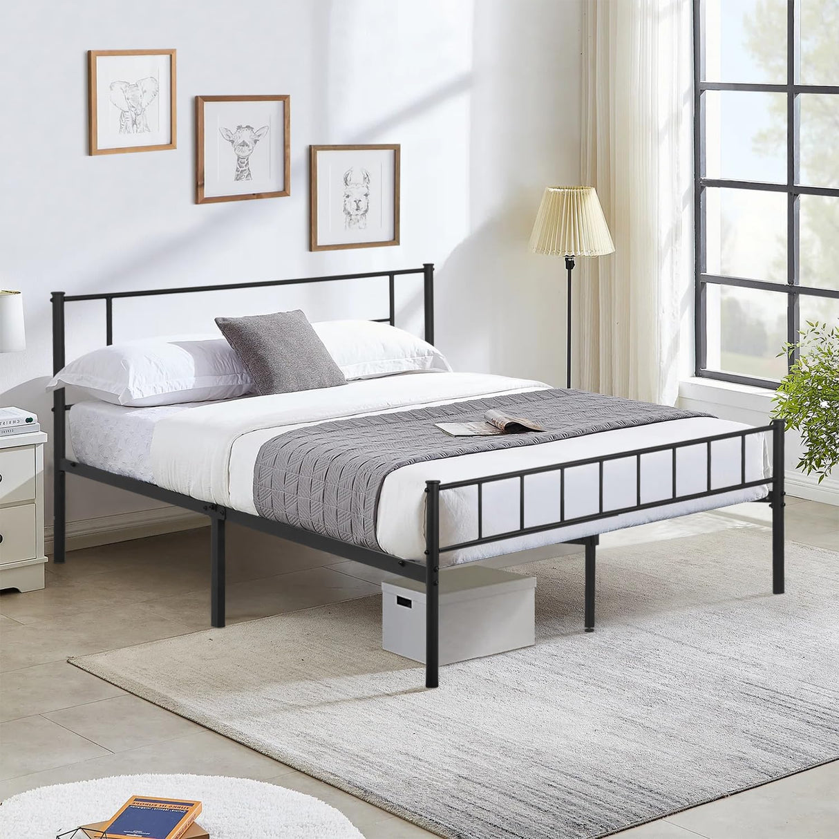 PayLessHere 14 Inch High Metal Platform Bed Frame with Headboard Maximum Storage Space Under The Heavy Duty Bed Frame No Box Spring Needed Noise-Free Easy Assembly (Full) PayLessHere