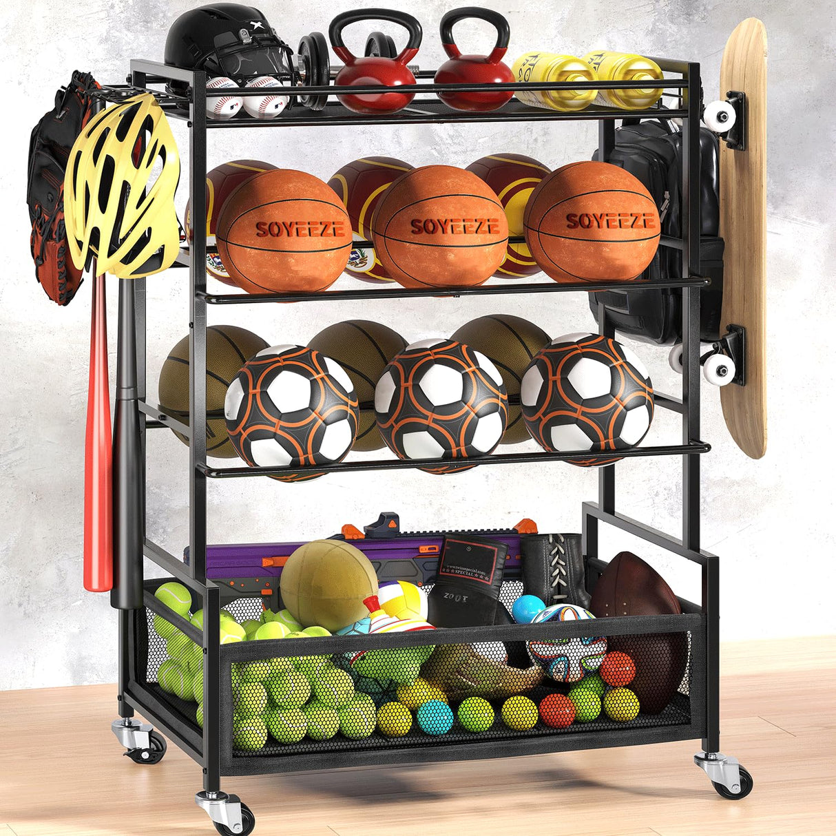 SOYEEZE Sports Equipment Organizer- Ball Storage for Garage,4 Tiers Outdoor Toy Storage,Soccer Racks,Basketball Shooting Training Stand Cart with Wheels and Hooks for Home-School and Gym Use SOYEEZE