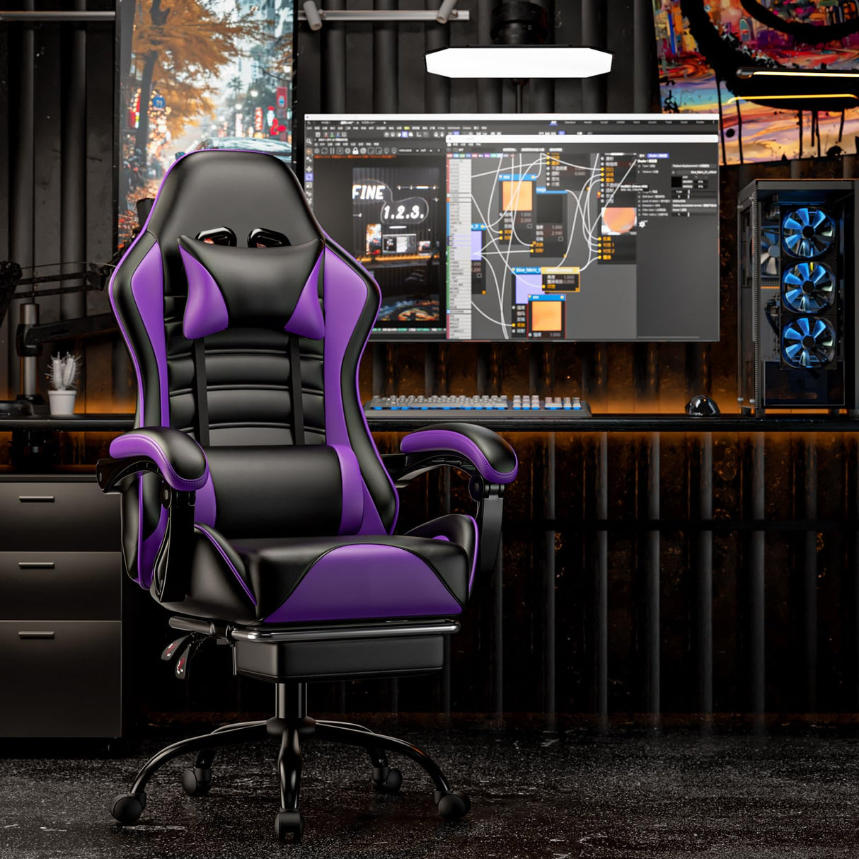 Gaming Chair, Computer Chair with Footrest and Lumbar Support, Ergonomic Video Game Chair with Headrest, Height Adjustable Gamer Chair Office Desk Chair, Purple Ntiibcuy