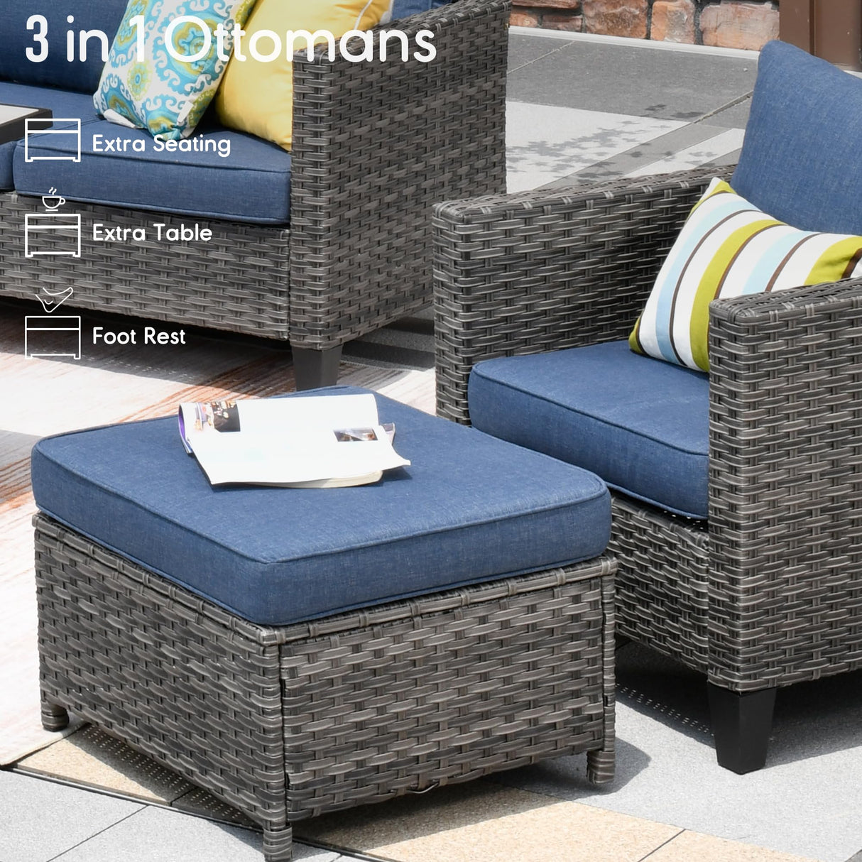 HOOOWOOO Patio Outdoor Conversation Set with Fire Pit Table,9 Piece Modern Outside Furniture with Swivel Rocking Chairs,PE Wicker Out Door Furniture Sofa and Ottoman Set(Denim Blue) HOOOWOOO