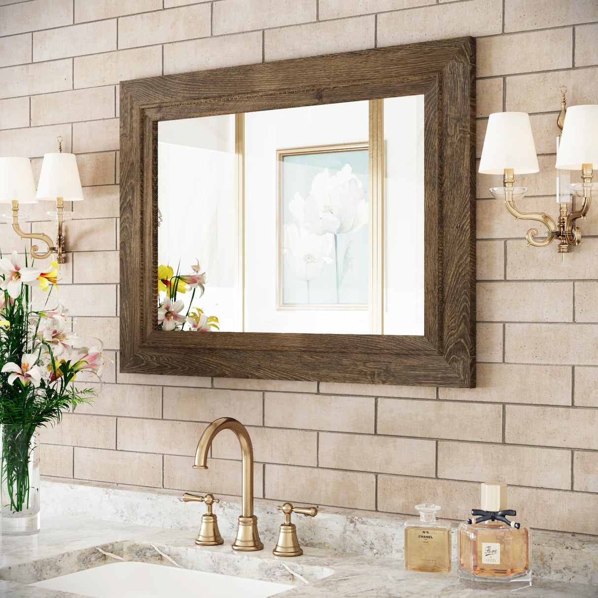 Rustic Wall-Mounted Vanity Mirror, Solid Wood Frame Bathroom Mirror, Farmhouse Style for Living Room, Bedroom, Entryway, Horizontal/Vertical Hanging ALBAD