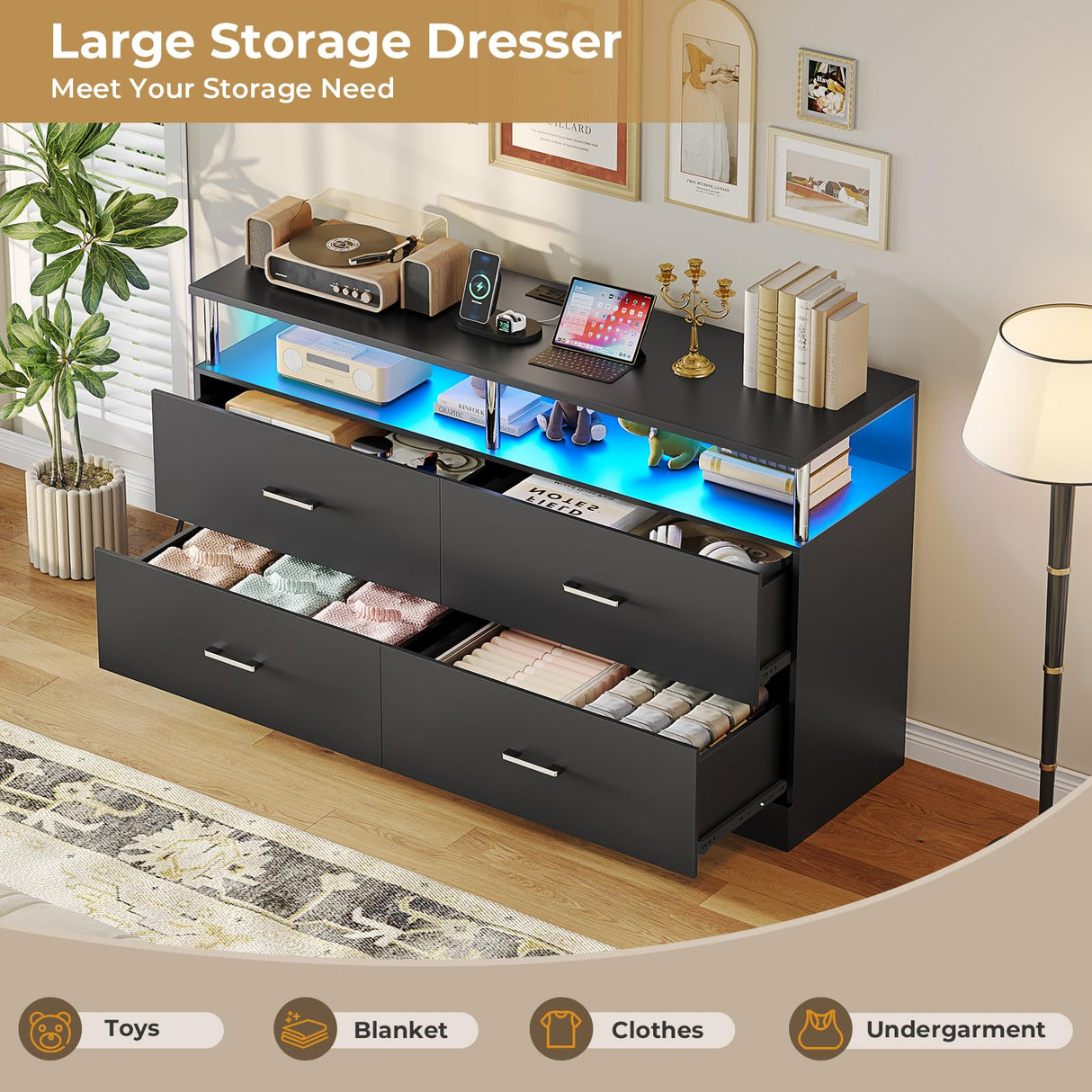AOGLLATI Black Dresser for Bedroom with Charging Station, Bedroom Dressers with 4 Drawer, Dressers & Chests of Drawers with Column Design,Modern Led Wide Dresser for Living Room, Black AOGLLATI