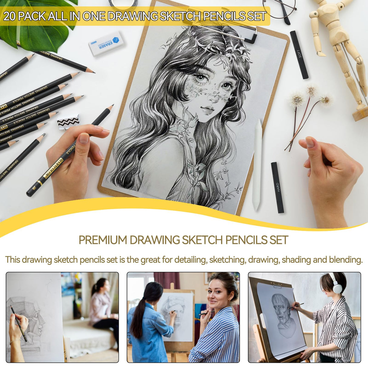 MARTCOLOR Drawing Sketching Pencil Set, 20 Pieces, Graphite Pencils (14B-4H), Charcoal Sticks, Stump, Eraser, Sharpeners, Ideal for Drawing Art, Sketching, Artist Pencils for Beginners & Pro Artists MARTCOLOR