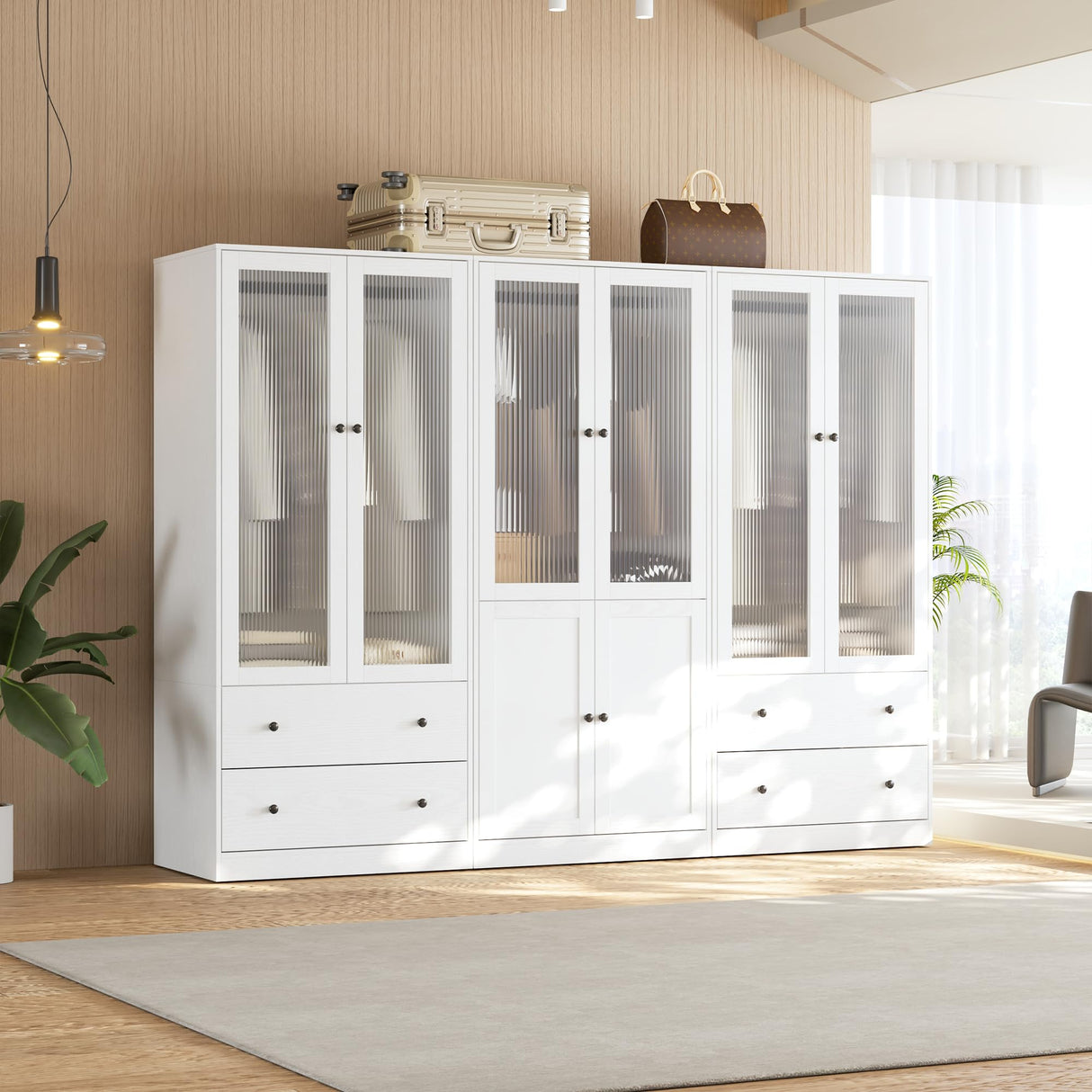 VOWNER 20“D Armoire Wardrobe Closet with Fluted Glass, 71" H Clothing Storage Cabinet with Hanging Rod, 4 Soft-Close Doors Wooden Wardrobe Cabinet for Bedroom, Large Capacity Storage White (AAC) VOWNER