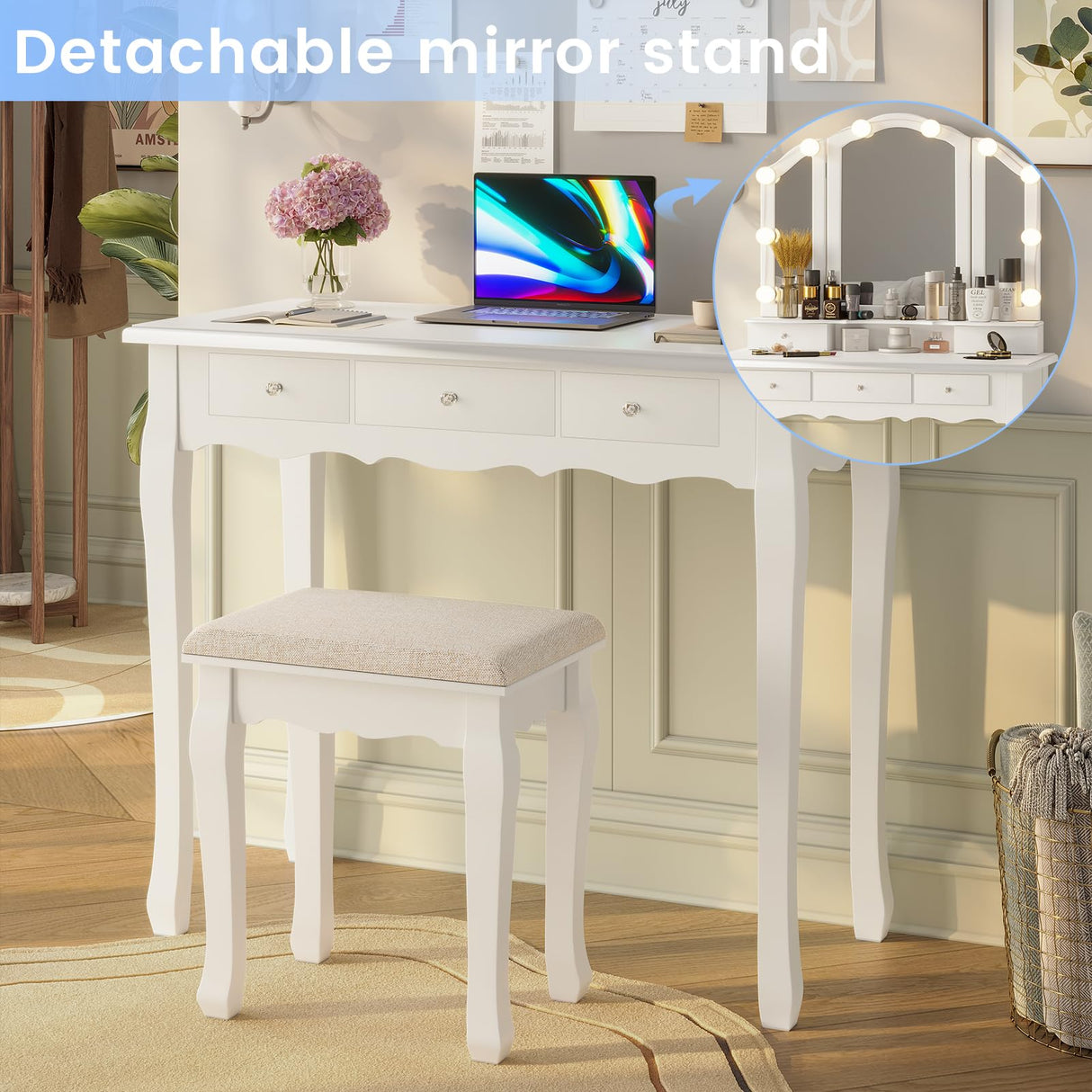 Tiptiper Makeup Vanity with Lights, Vanity Desk with Lighted Mirror and Stool, Vanity Table Set with 5 Drawers, 3 Light Settings, Adjustable Brightness, White Tiptiper