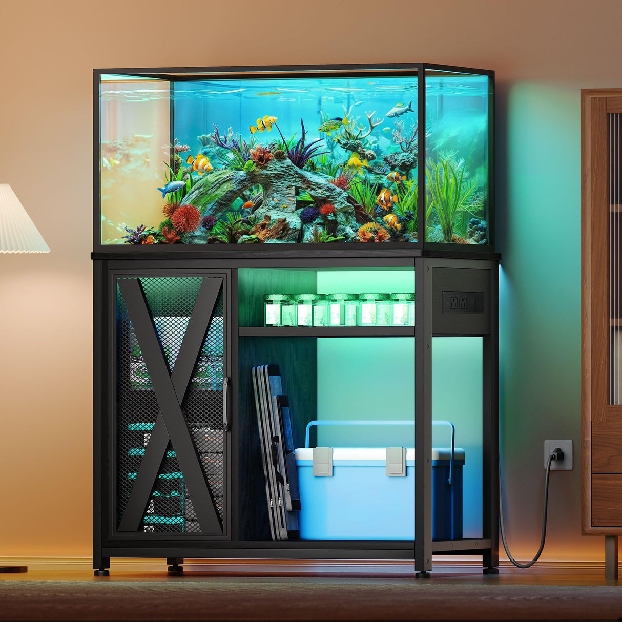 YITAHOME Fish Tank Stand with Power Outlets & LED Light, 40-50 Gallon Metal Aquarium Stand with Cabinet for Fish Tank Accessories Storage for Turtle Tank, Reptile Terrarium, 660LBS Capacity, Black YITAHOME