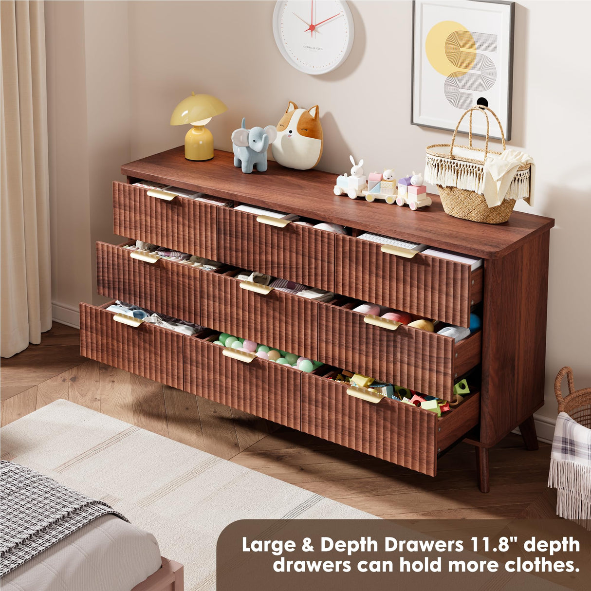 GarveeHome Fluted Dresser for Bedroom with 9 Deep Drawers, 60.6 in Wide Modern Chest of Drawers, Wooden Dresser TV Stand, Curved Profile Design, for Living Room, Kids Room, Hallway, Walnut GarveeHome