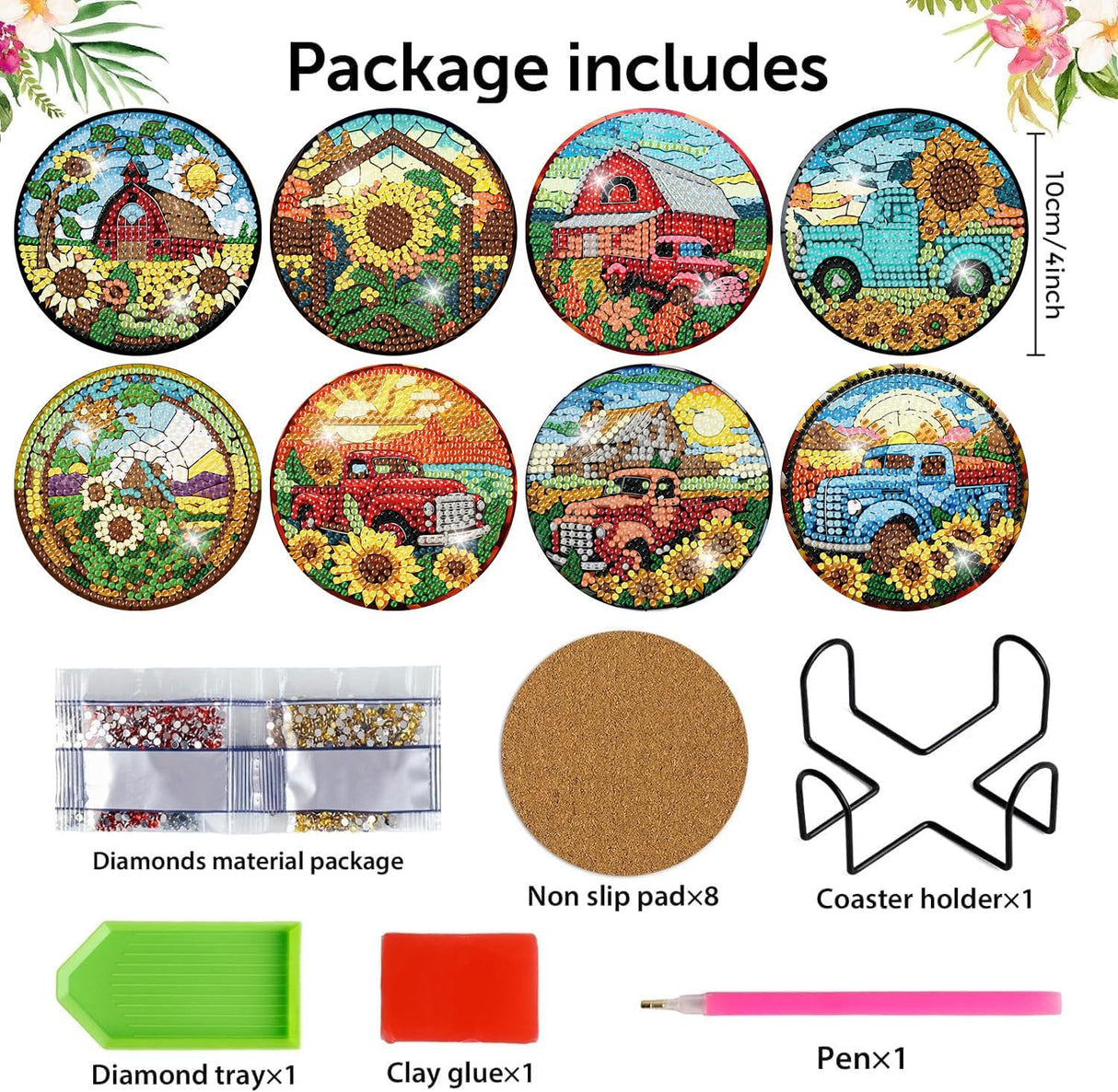 8 Pcs Fall Diamond Art Coasters Kit for Adults - Flowers Painting Set With Holder Cork Pads DIY Sunflower Truck Crafts for Beginners Meothan