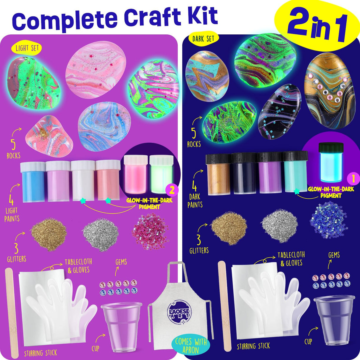 2-in-1 Rock Painting & Gardening Craft Kit for Kids - Glow in The Dark Pouring Art & DIY Planting Set - Fun Arts and Crafts for Boys & Girls Ages 6-12 - Complete Gift for Birthdays, Christmas, and Cre LAOESE