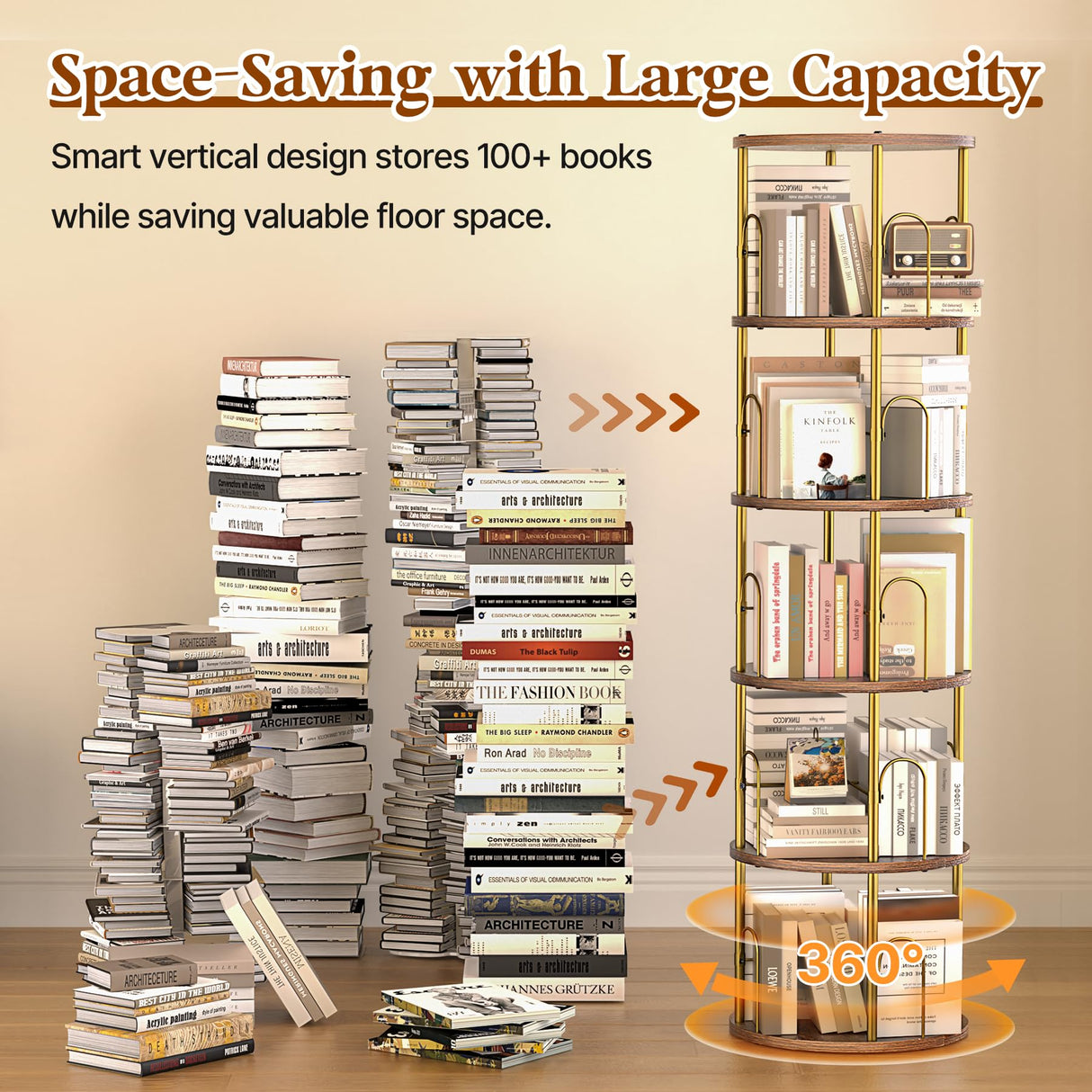 neatevday 5 Tier Rotating Bookshelf, 360° Display Rotating Bookshelf Tower, Tall Spinning Book Shelf, Space Saving Floor Standing Spinning Bookcase for Living Room, Bedroom, Office neatevday
