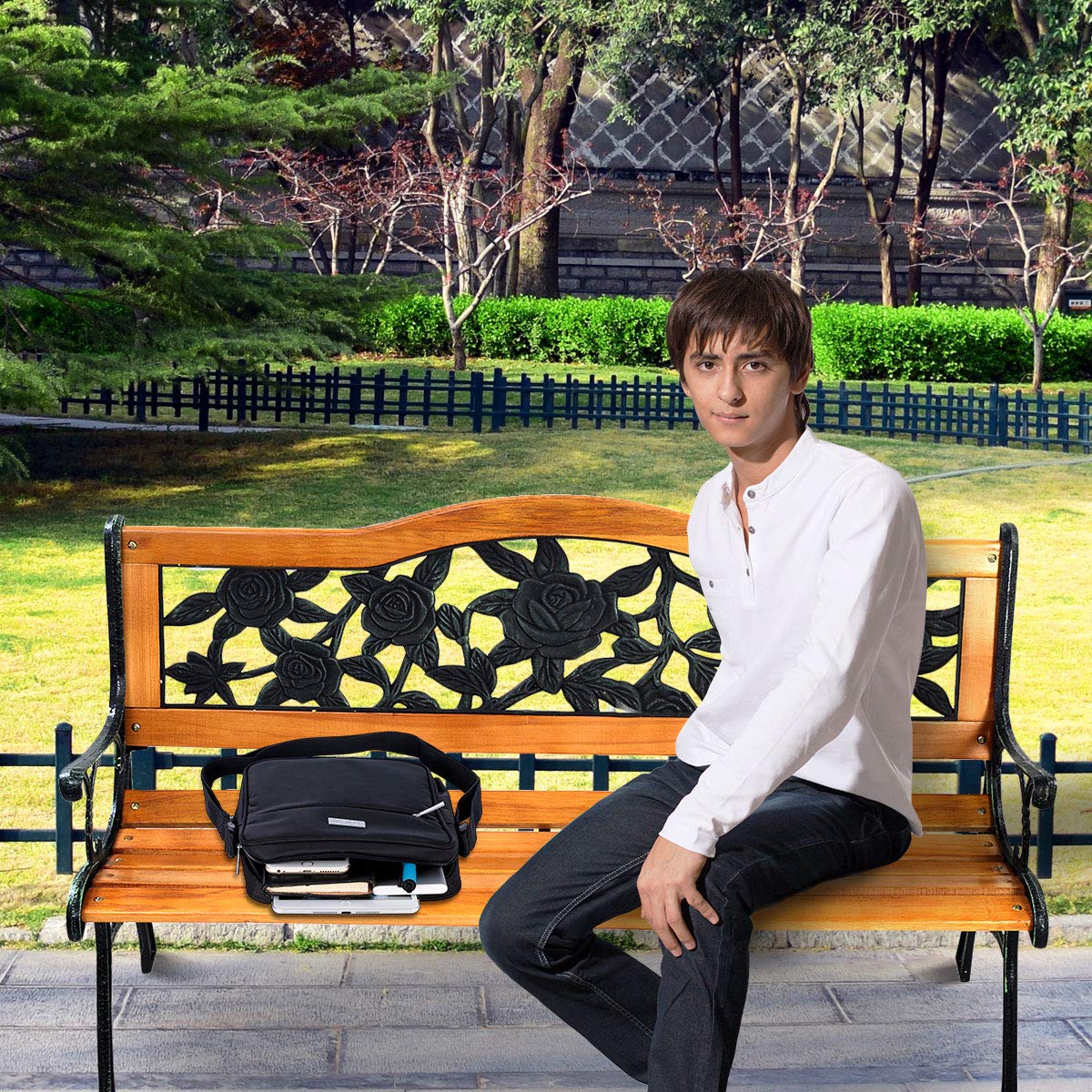 S AFSTAR Outdoor Garden Bench, Patio Bench with Large Rose Cast Backrest & Comfort Wood Seat, 470 LBS Load Capacity, Weather Proof, Durable, Easy to Assemble S AFSTAR