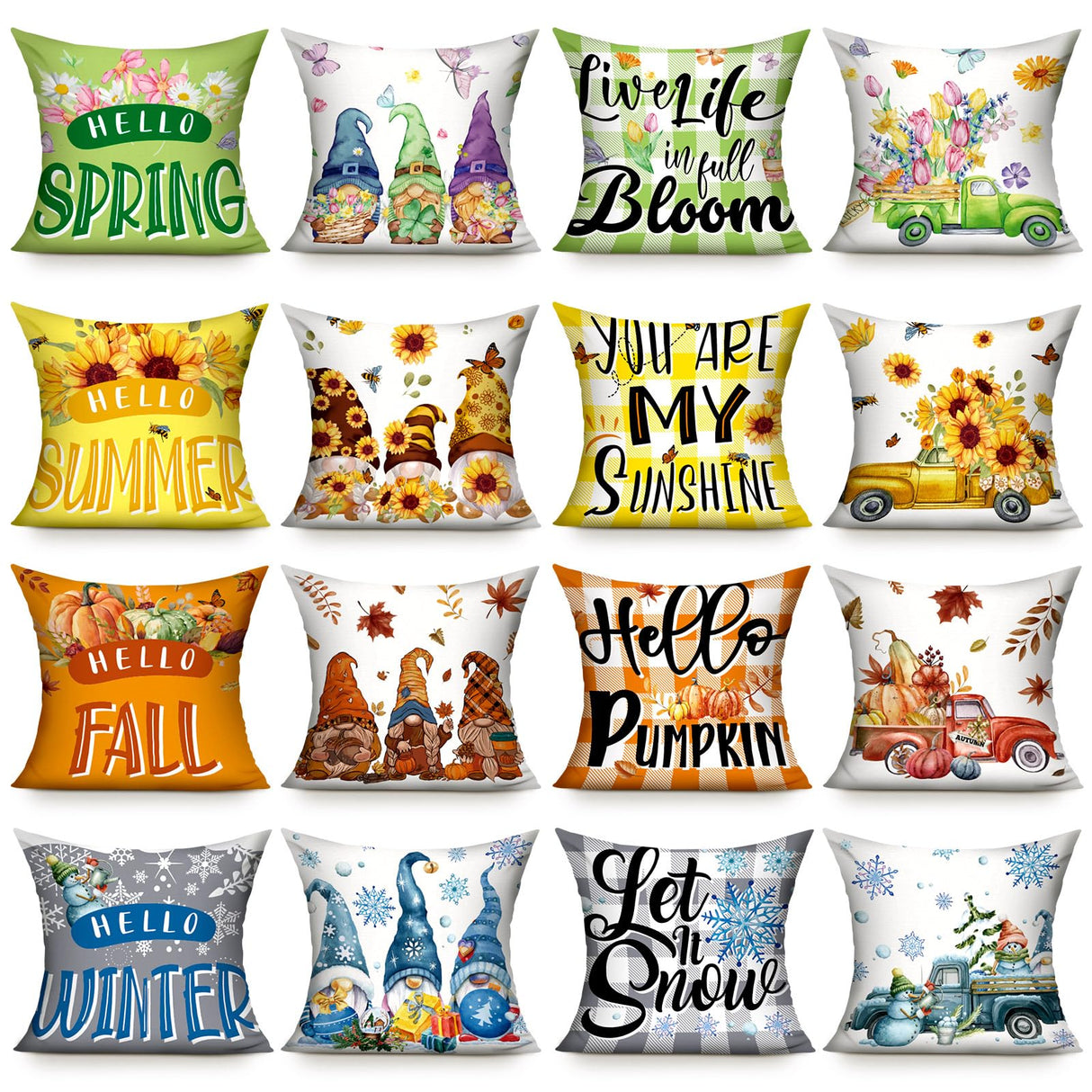 Preboun 16 Set Holiday Pillow Covers 18 x 18 Inch Winter Throw Pillow Covers Seasonal Pillowcases Fall Gnome Pillowcases Spring Flower Summer Sunflower Plaid Cushion for Home Farmhouse Decor Preboun