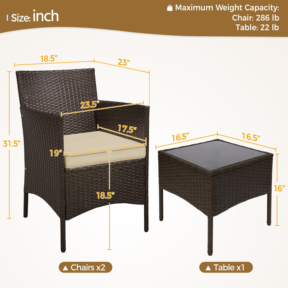 Yaheetech 3 Pieces Patio Porch Furniture Set, Outdoor PE Rattan Wicker Conversation Set with Soft Cushions, Glass Coffee Table & 2 Chairs for Garden/Deck/Courtyard/Poolside, Brown/Khaki Yaheetech