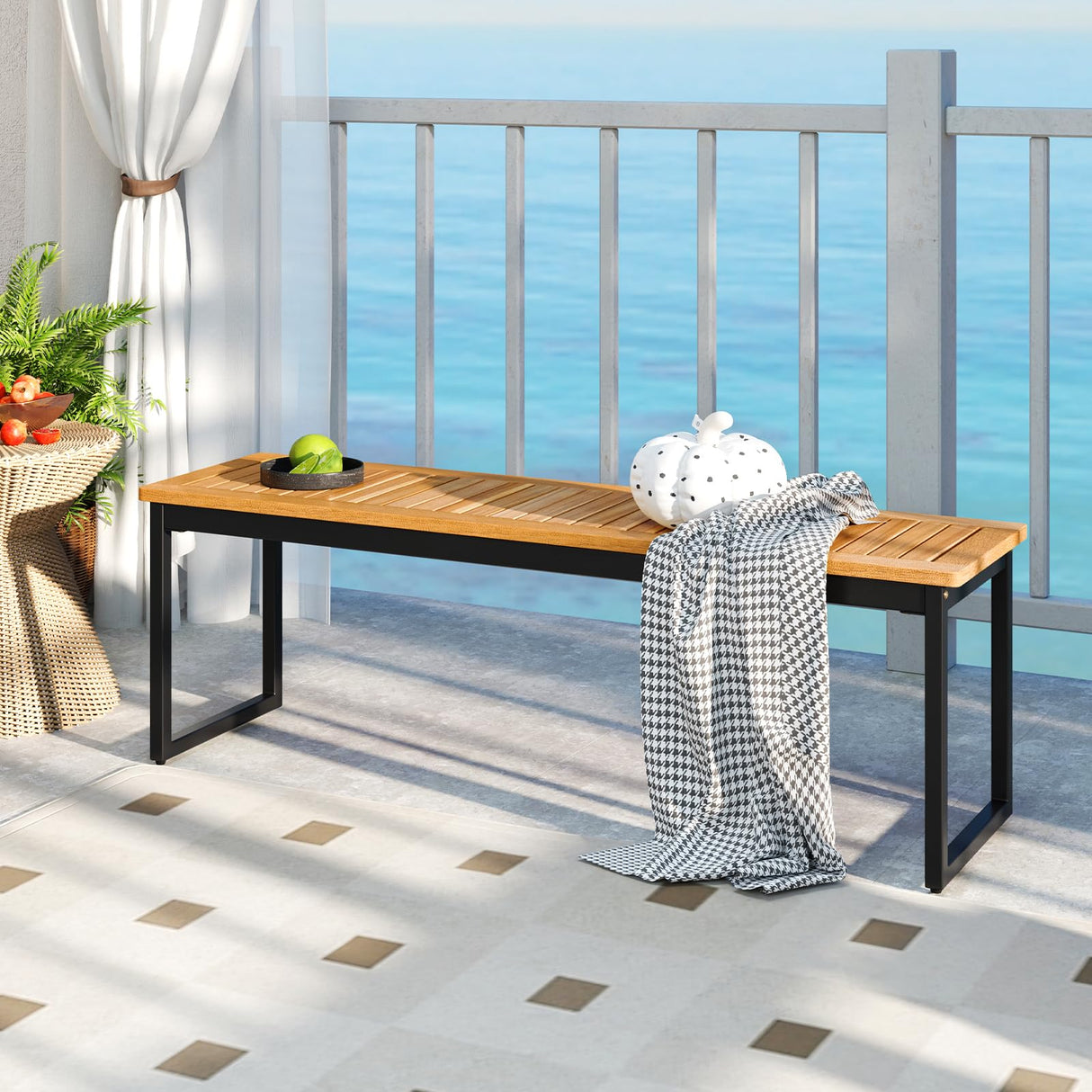 Tangkula Patio Dining Bench, 2-3-person Backless Bench with Slatted Seat & Metal Legs, Indoor Outdoor Bench for Entryway, Front Porch, Garden, Poolside, Farmhouse Kitchen Dining Seat Tangkula