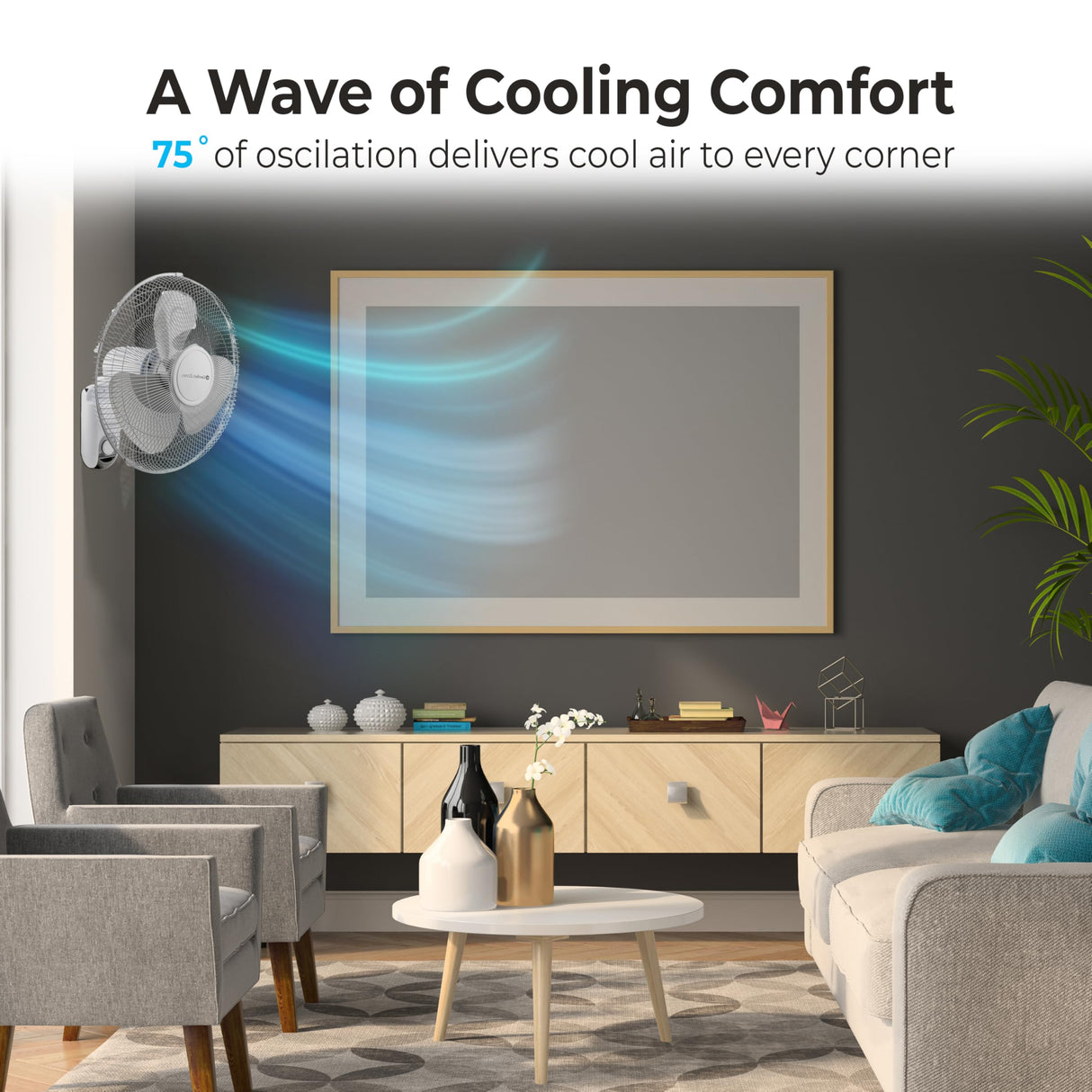 Comfort Zone Oscillating Wall Mount Fan with Adjustable Tilt, 16 inch, 3 Speed, Metal Grille, 90 Degree Oscillation, Airflow 14.07 ft/sec, Ideal for Home, Bedroom, Gym & Office, CZ16W Comfort Zone